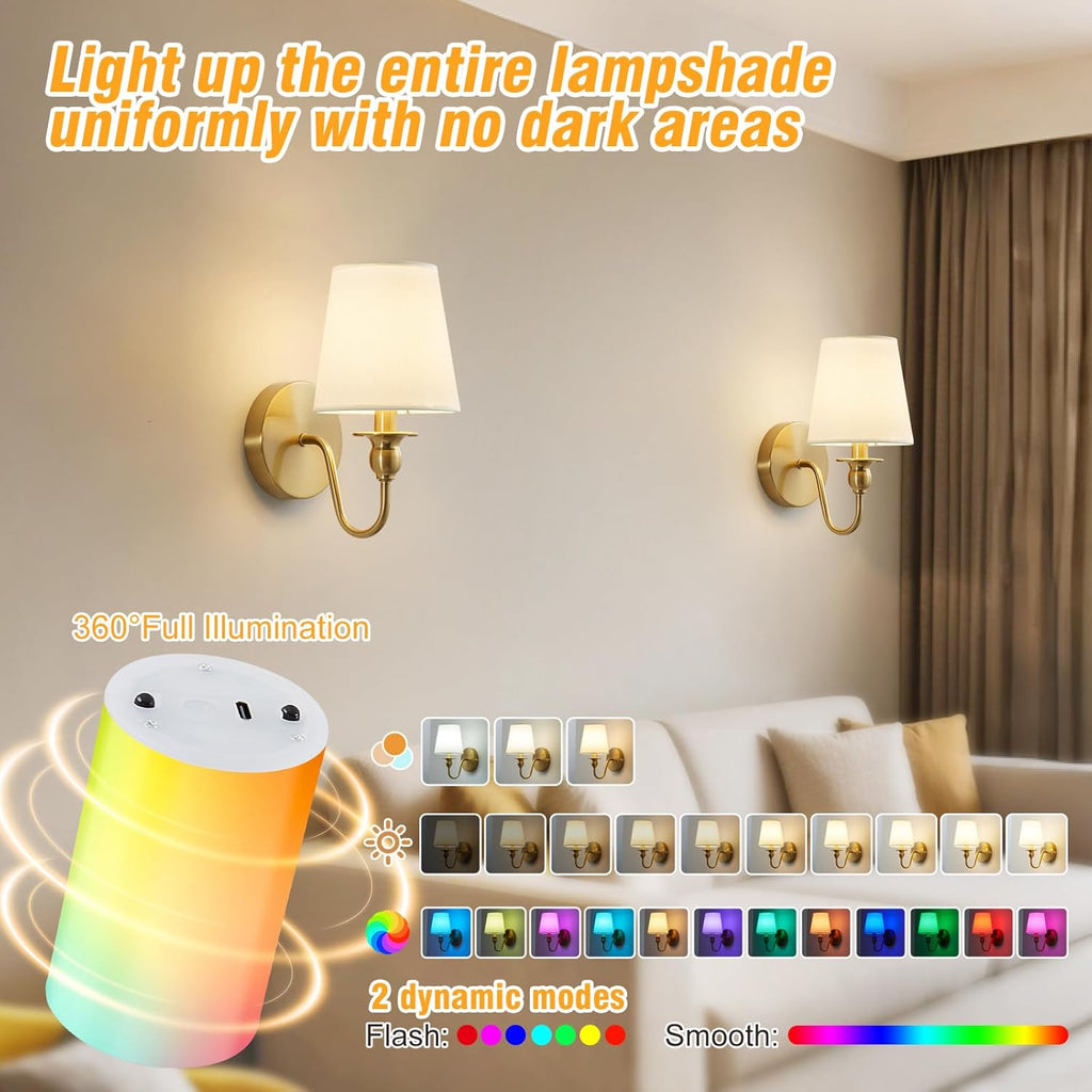 Battery Operated Wall Sconces set of Two,Wireless Wall Sconces with 10000mAh Dimmable Bulb and Remote,LED 15 Colors Rechargeable Gold Wall Sconce