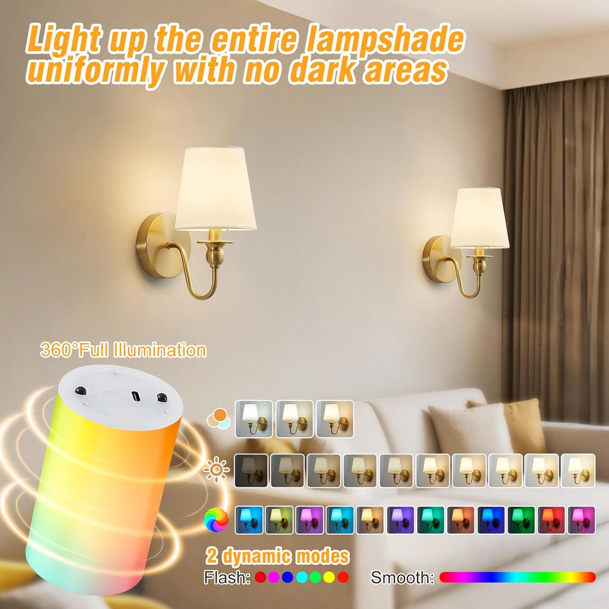 Battery Operated Wall Sconces set of Two,Wireless Wall Sconces with 10000mAh Dimmable Bulb and Remote,LED 15 Colors Rechargeable Gold Wall Sconce