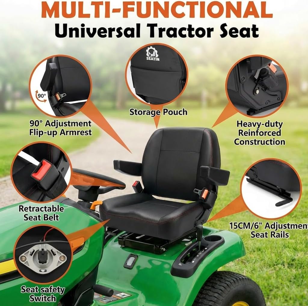 Universal Forklift Seat,Tractor Seat,with Micro Switch,Armrest and Safety Belt,for Tractor,Mower,Skid Loader,Telehandler,Backhoe,Excavator Dozer…