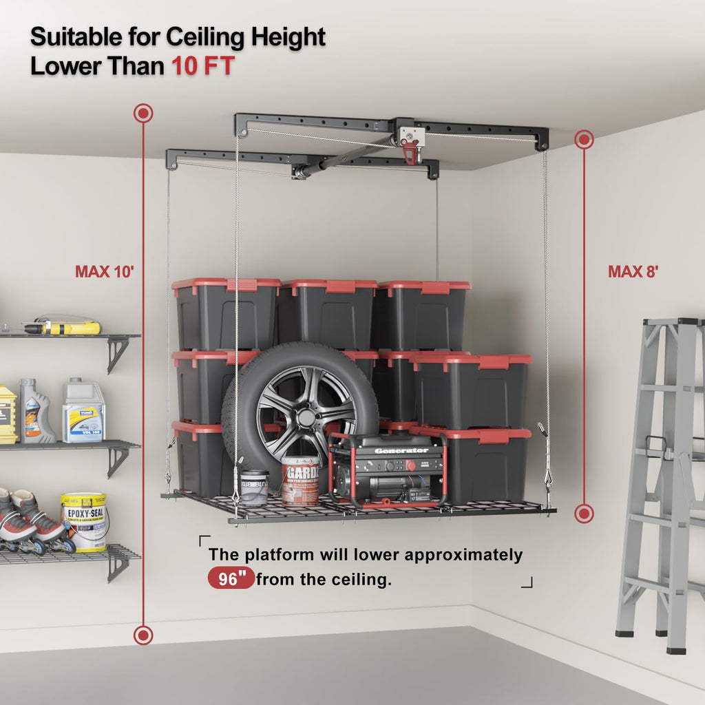 Overhead Garage Storage Rack for 8-10 FT Ceiling, Heavy-duty 4x4 FT Ceiling Storage Racks with Safety Lock, Ideal for Garage Storage Mounted Lift