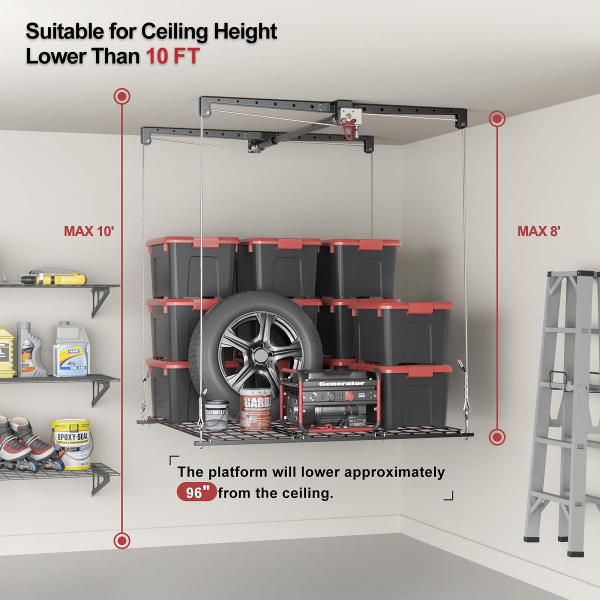 Overhead Garage Storage Rack for 8-10 FT Ceiling, Heavy-duty 4x4 FT Ceiling Storage Racks with Safety Lock, Ideal for Garage Storage Mounted Lift