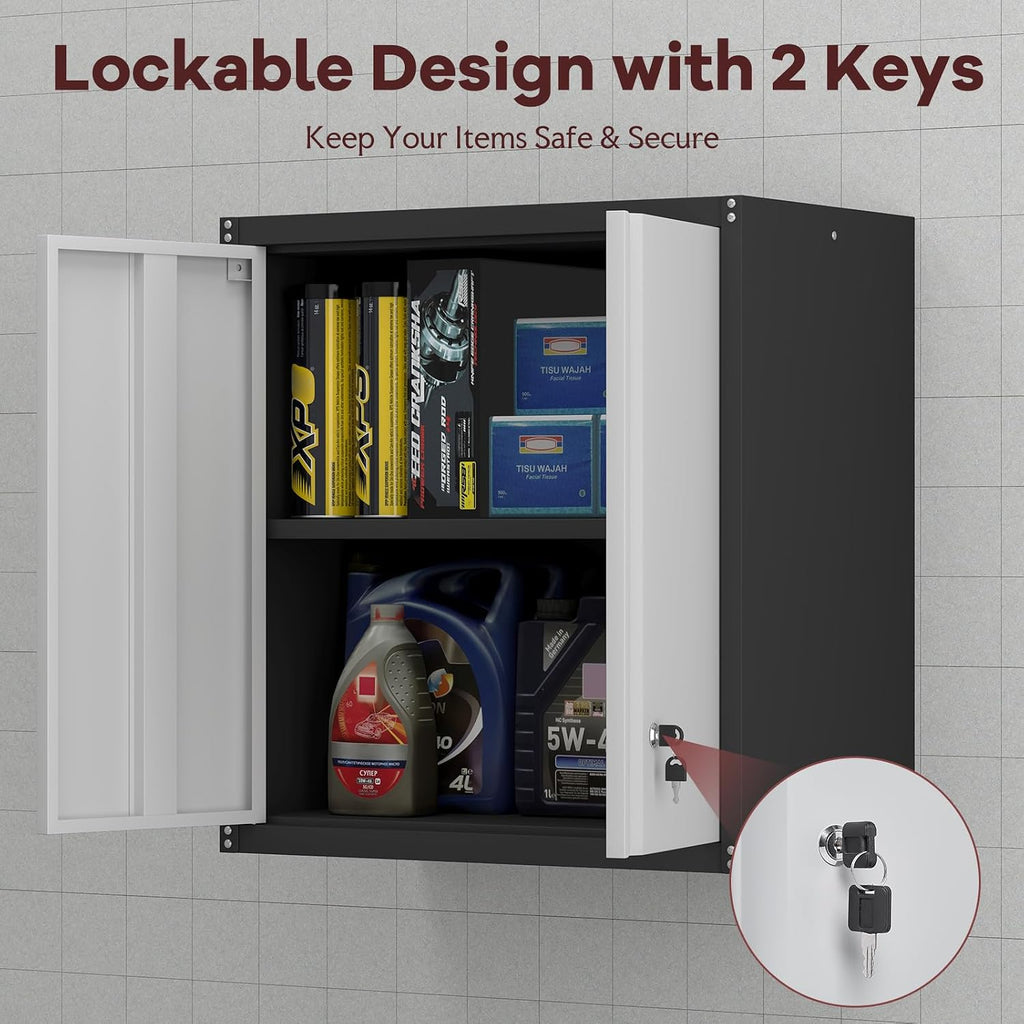 Garage Storage Cabinet, Wall Mounted Locking Cabinet with Doors and Shelves, Steel Tool Garage Cabinets and Storage, Utility Cabinet for Workshop