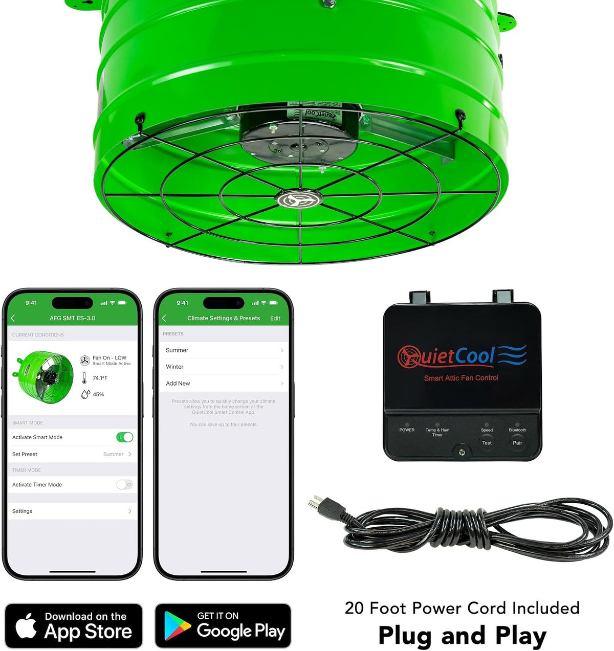 Quietcool AFG SMT ES-3.0 Smart Attic Fan for Gable Vents - Up to 2801 CFM - As low as 22 Watts - Smart App Control - Thermostat and Humidistat - 20ft