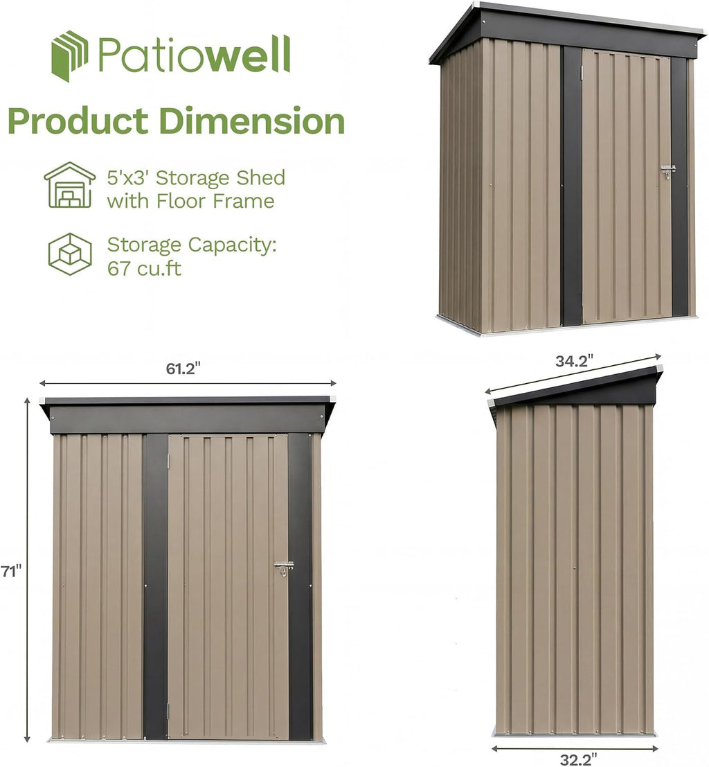 Patiowell 5x3 FT Outdoor Storage Shed with Floor Frame, Small Metal Sheds