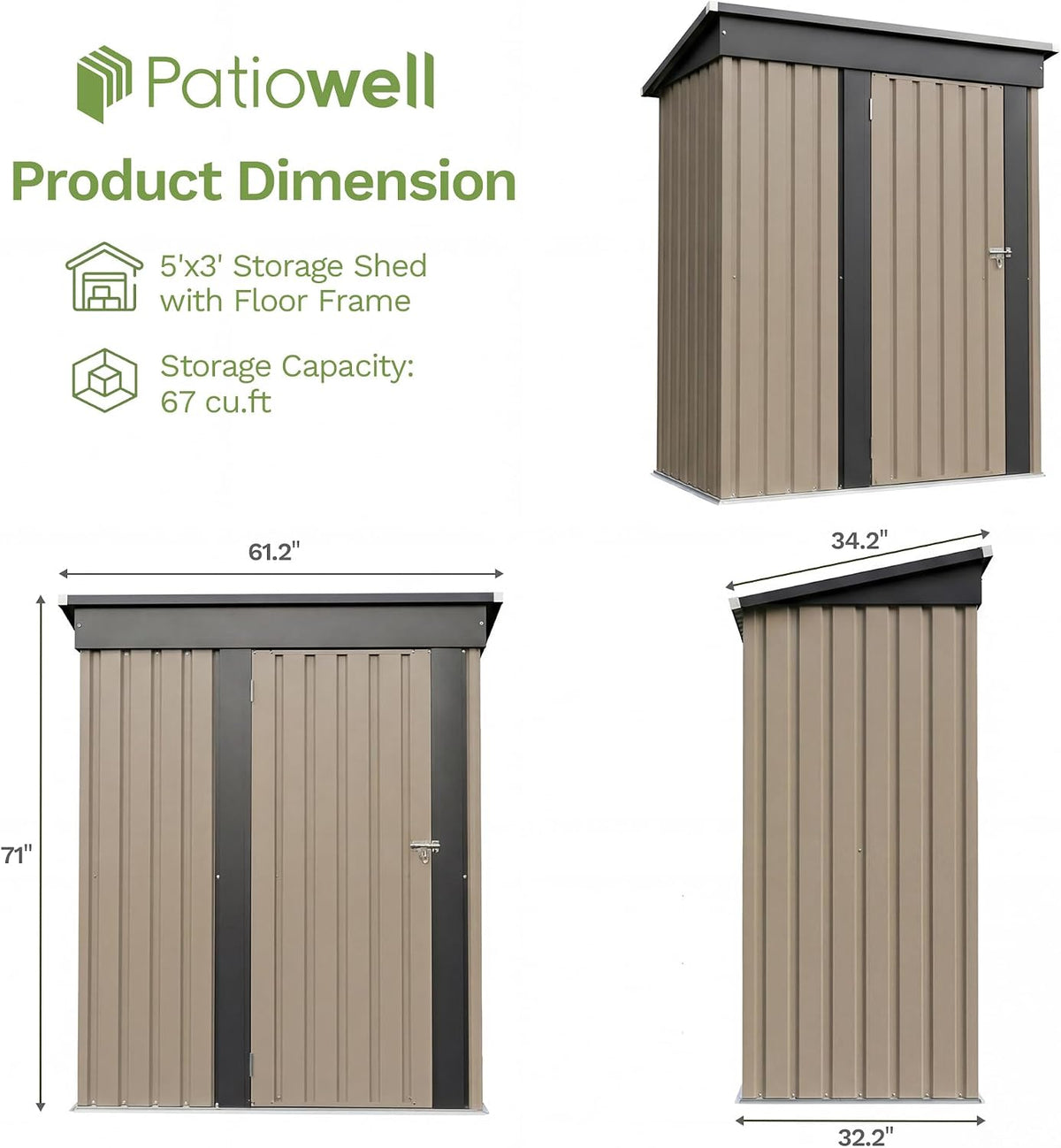 Patiowell 5x3 FT Outdoor Storage Shed with Floor Frame, Small Metal Sheds