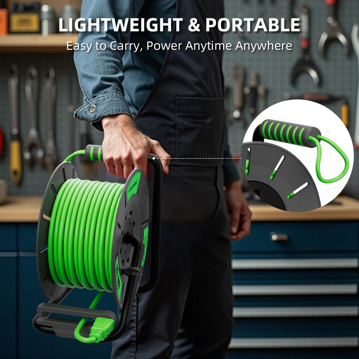 60 FT Retractable Extension Cord Reel, 14AWG SJTOW Heavy Duty Power Cord with 4 Grounded Outlets, USB-A & USB-C Ports, 13A Circuit Breaker, Hand
