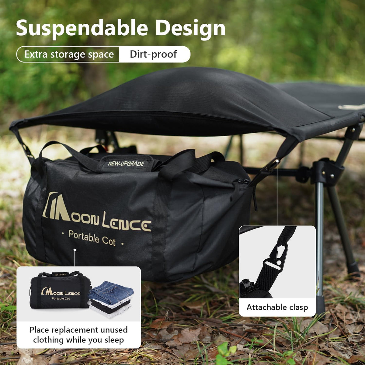 MOON LENCE Camping Cot, Height Adjustable with Cot Leg Extenders, Strong Support 330lbs, Lightweight Comfortable Folding Bed for Camping, Hiking
