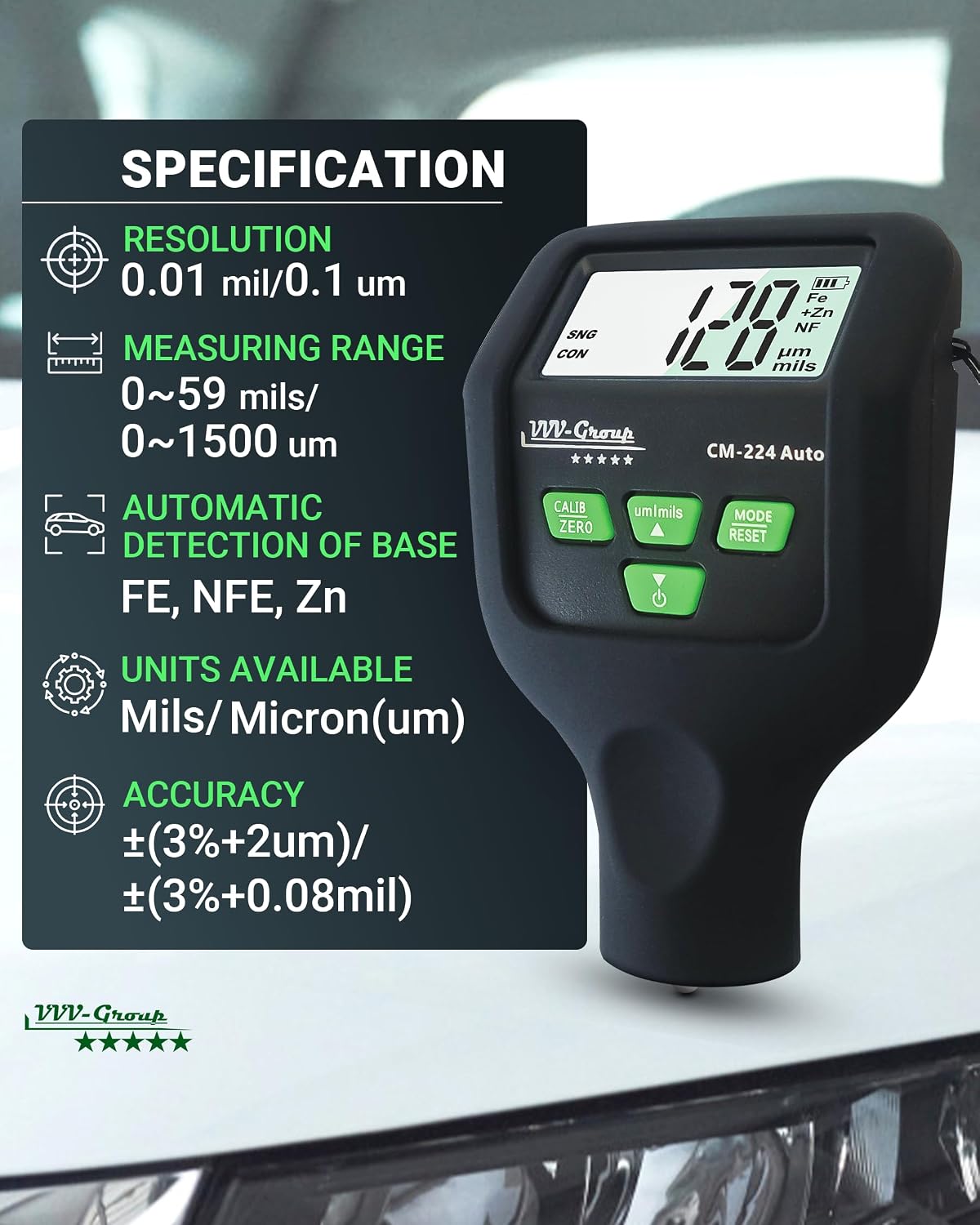 Paint Thickness Gauge CM-224 Auto – Digital Coating Thickness Meter for Cars and Automotive Inspection, Fe / Al / Fe+Zn Detection, 0.1 μm Resolution