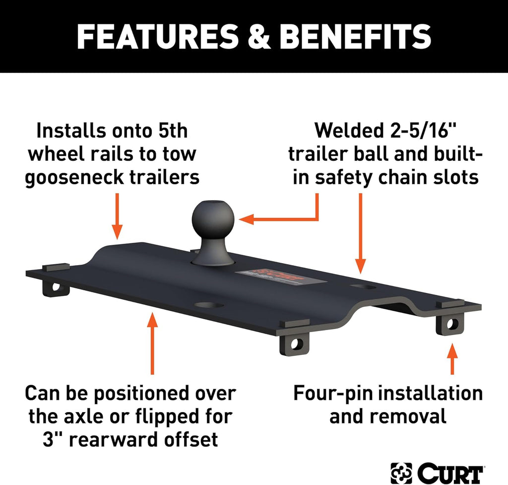 CURT 16055 5th Wheel Rail Gooseneck Hitch, 25,000 lb, 3" Offset