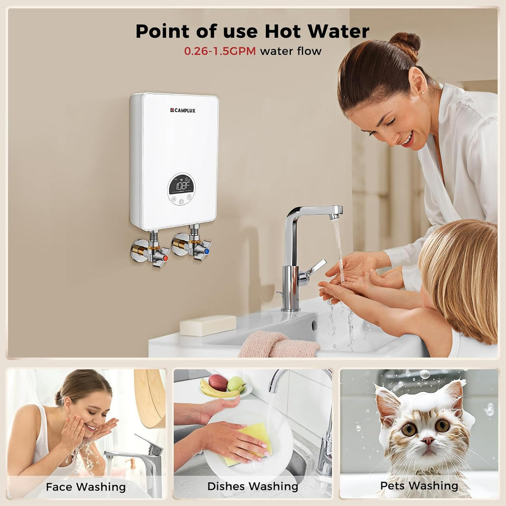 CAMPLUX Tankless Water Heater Electric 120V, 4.5kW Point of Use Instant Hot Water Heater, Save Space for Sink Wall Mounted LED Digital Display CSA