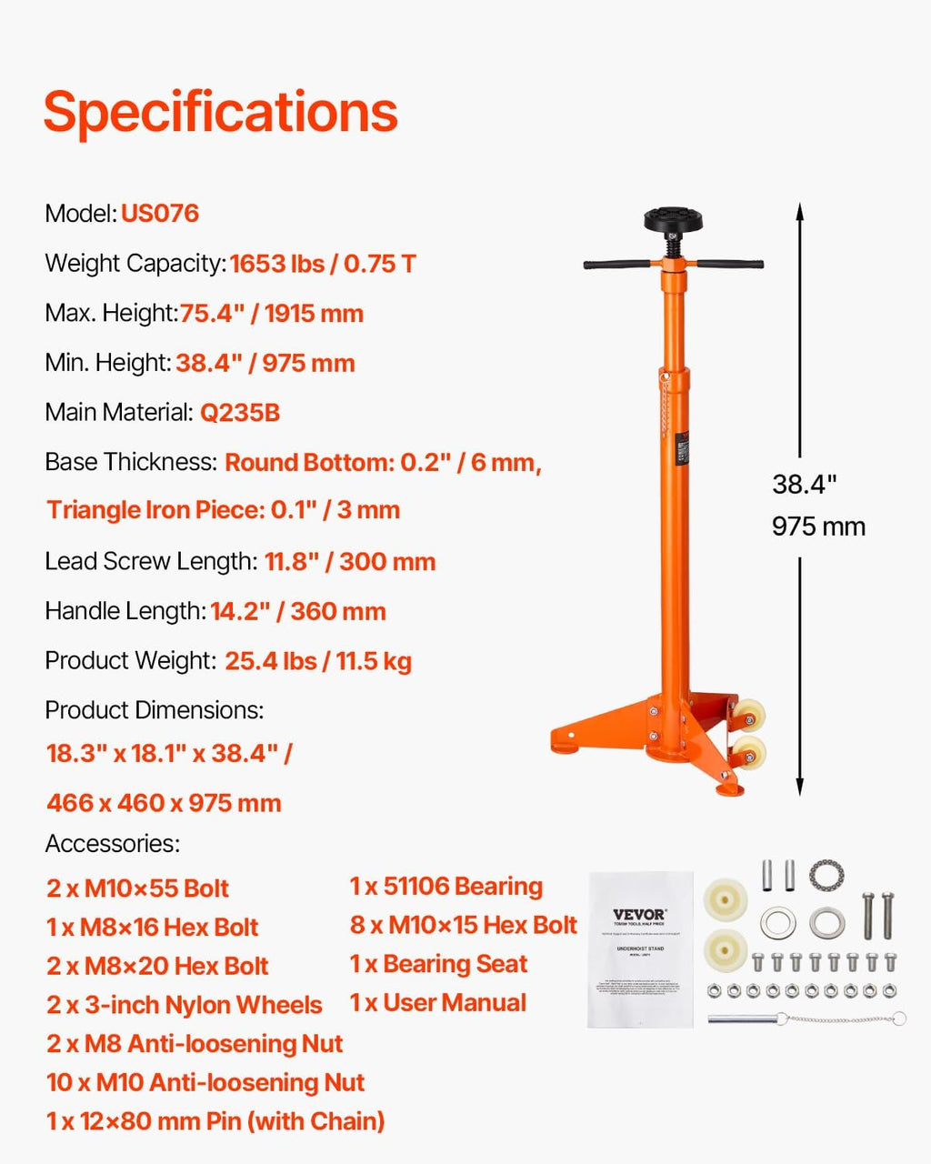 VEVOR Underhoist Support Stand, 3/4 Ton, Adjustable 38.4-75.4 inch, Auto