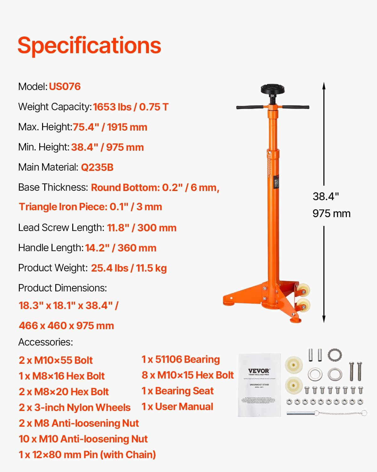 VEVOR Underhoist Support Stand, 3/4 Ton, Adjustable 38.4-75.4 inch, Auto