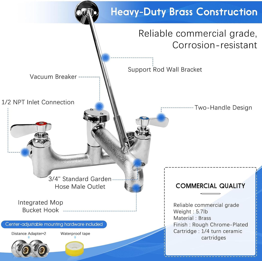 Commercial Mop Sink Faucet with Vacuum Breaker, Wall Mount 8" Center