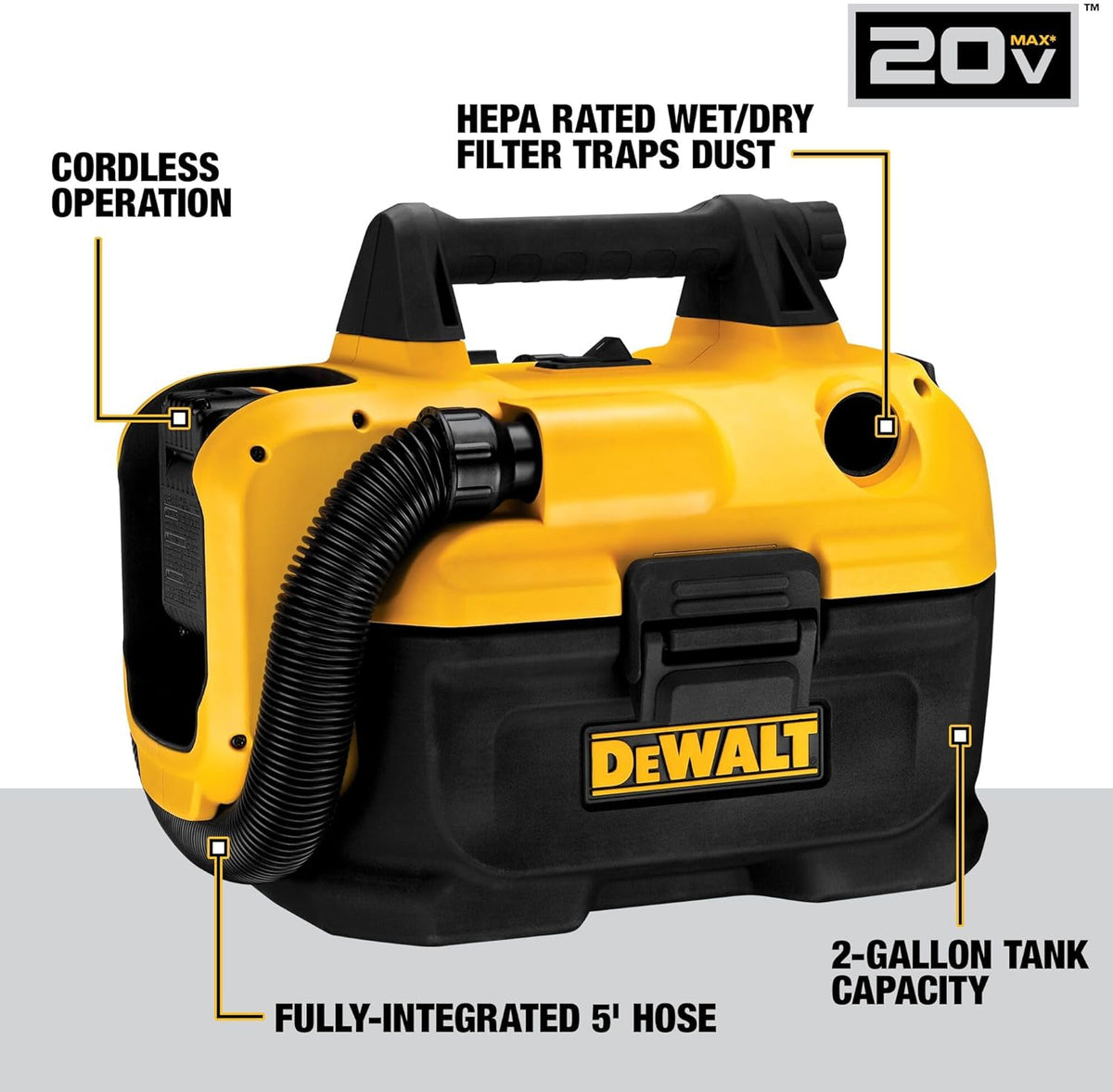 DEWALT 20V MAX Cordless Shop Vac, Wet Dry Vacuum Cleaner, Portable 2 Gallon Wet Dry Vac, Strong Suction Shop Vacuum with Hepa Filter, Tool Only