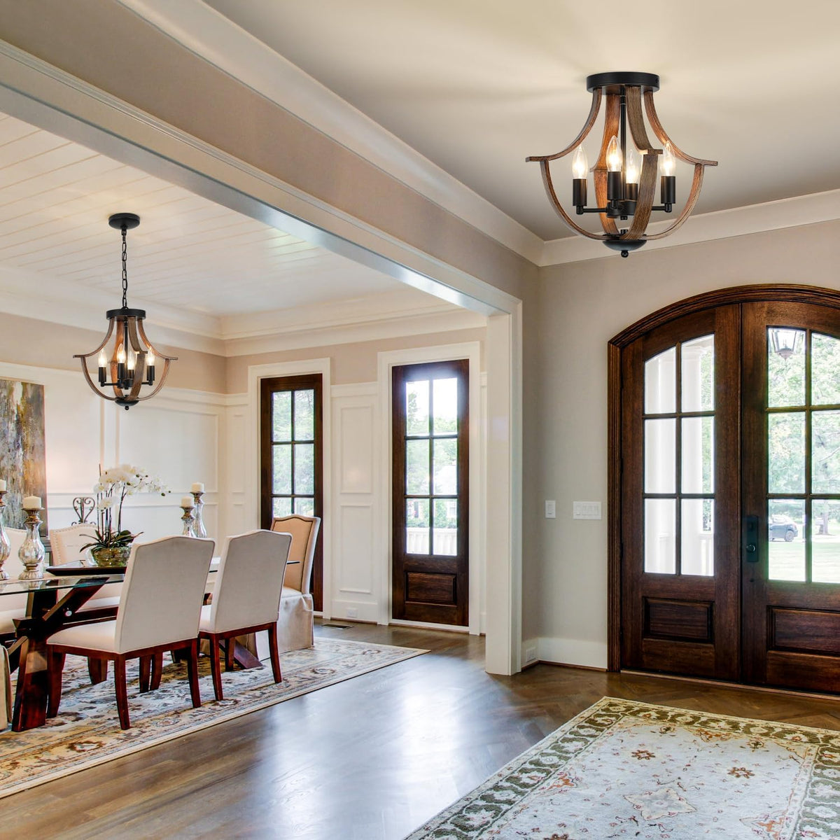 Farmhouse Hanging Pendant Lighting, 4-Light Rustic Flush Mount Ceiling Light Fixture,Modern Faux Wood Vintage Chandelier for Dining Room Kitchen