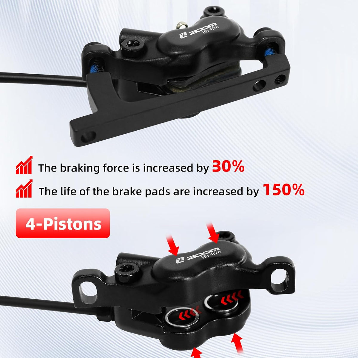 Z00M HB876E 2-PIN 4-Pistons E-Bike Electric Power-Off Hydraulic Brake Set, Pre-Bled with Mineral Oil Brakes Kit for eBike, Mountain Bike, Road Bike