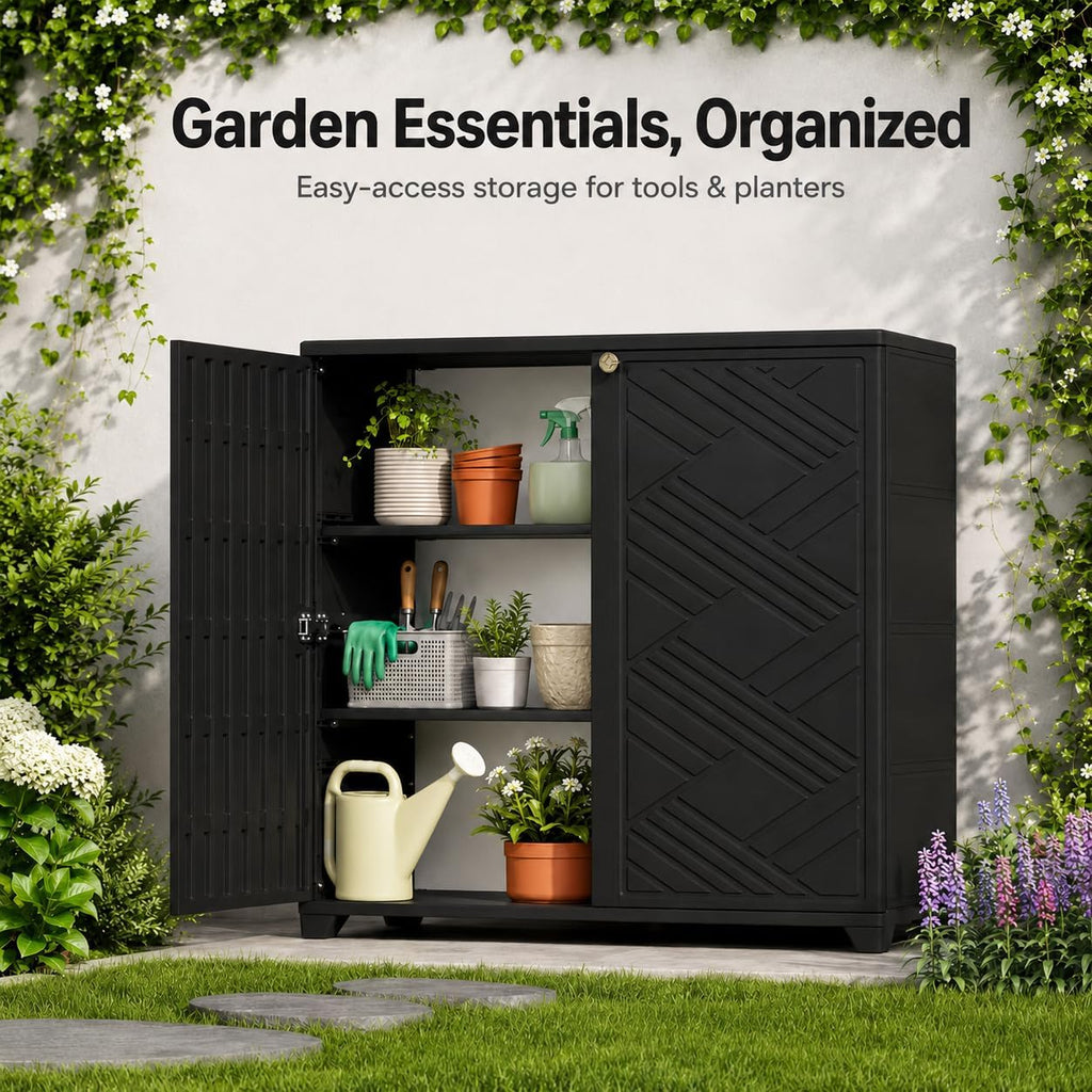 ADDOK Outdoor Storage Cabinet,60 Gallon Waterproof Resin Patio Storage Cabinet with 1 Adjustable Metal Shelf, Upright Outdoor Cabinet for Garden