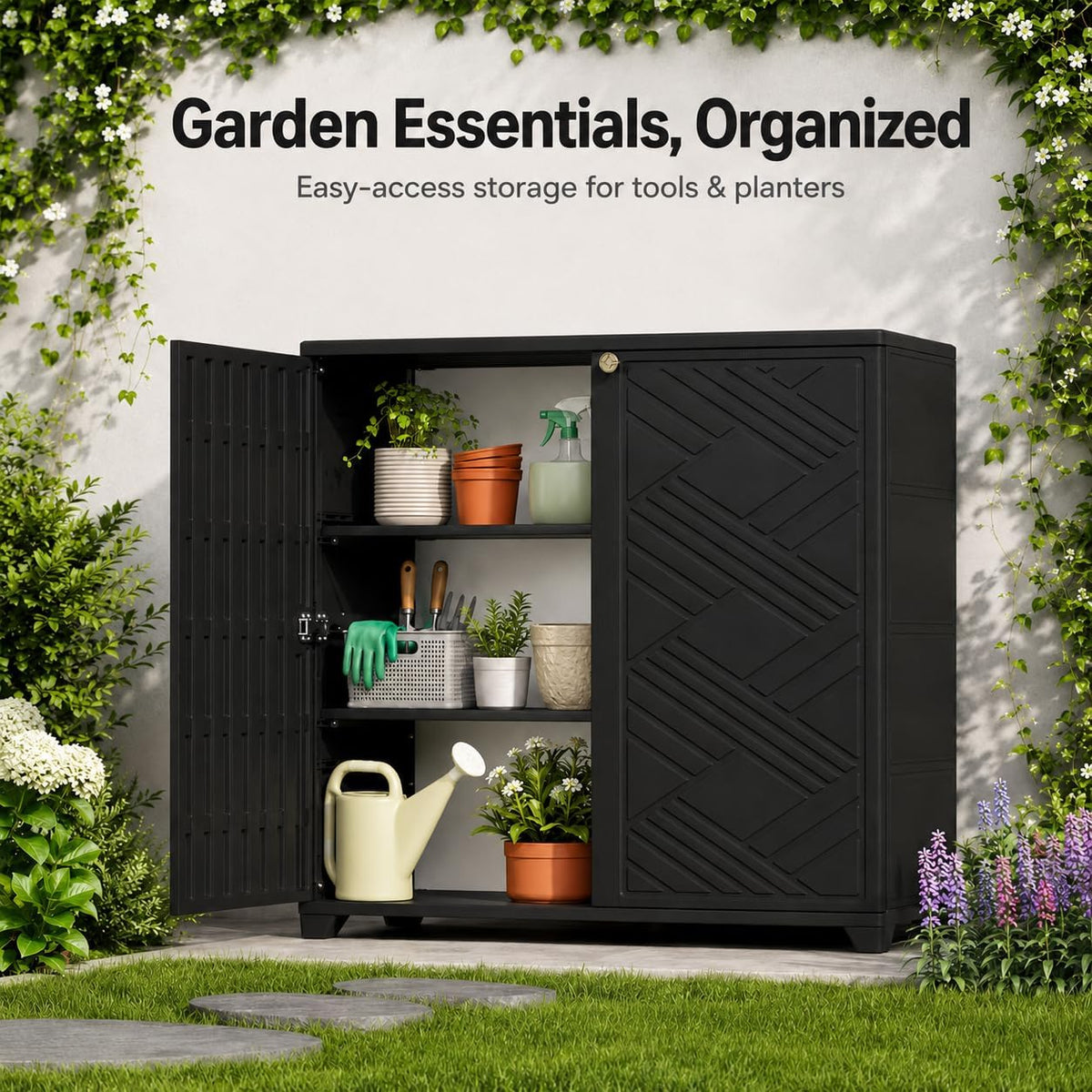 ADDOK Outdoor Storage Cabinet,60 Gallon Waterproof Resin Patio Storage Cabinet with 1 Adjustable Metal Shelf, Upright Outdoor Cabinet for Garden