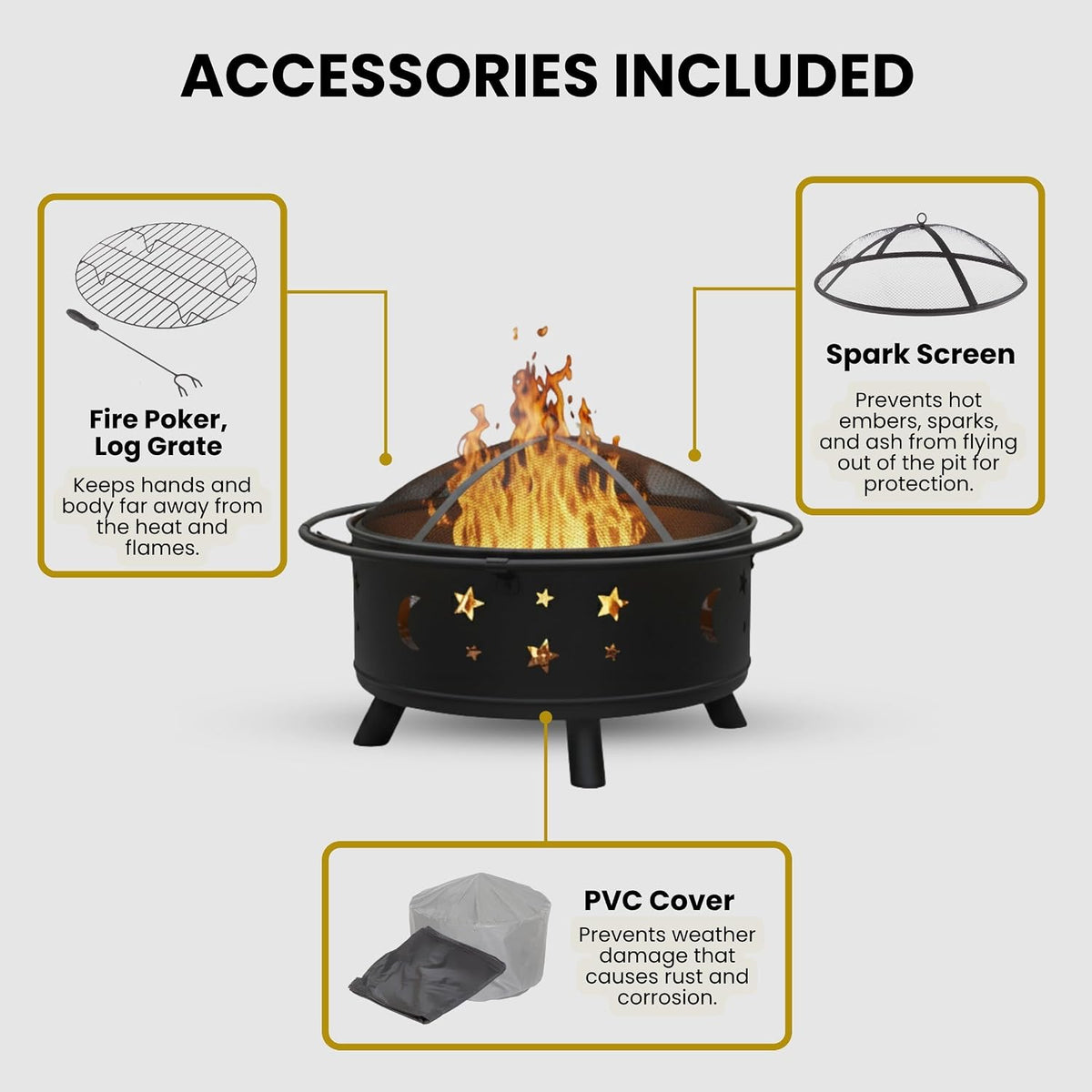 Pure Garden Round Outdoor Fire Pit with Star Cutouts, Black, 32-Inch