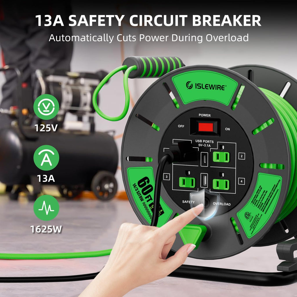 60 FT Retractable Extension Cord Reel, 14AWG SJTOW Heavy Duty Power Cord with 4 Grounded Outlets, USB-A & USB-C Ports, 13A Circuit Breaker, Hand