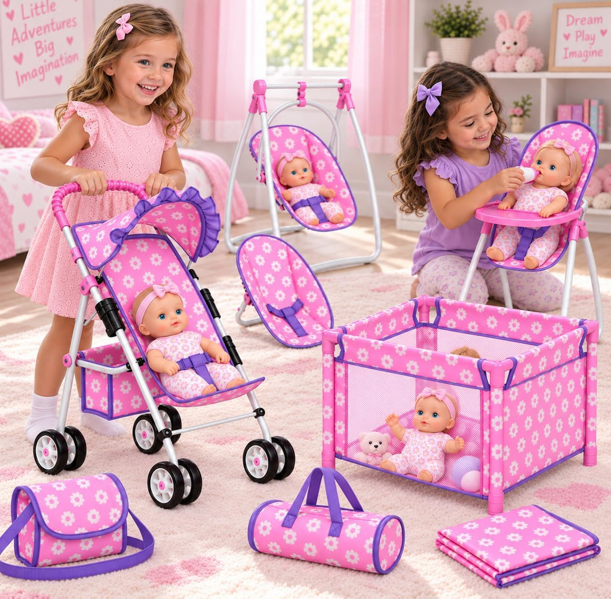 fash n kolor Baby Doll Stroller & Nursery Playset for 18 Inch Dolls – Convertible High Chair, Swing & Bed Doll Furniture Set with Diaper Bag