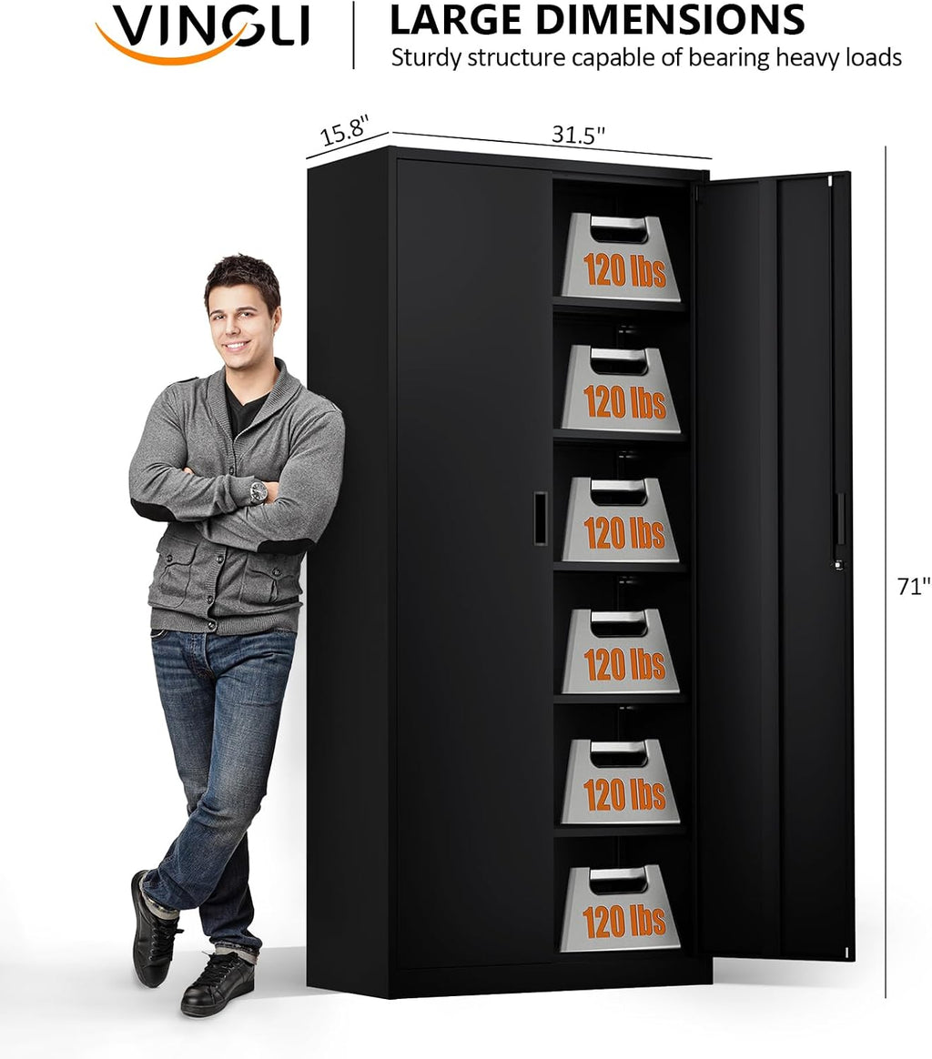 VINGLI Metal Garage Storage Cabinet with 2 Doors and 5 Adjustable Shelves, 71" Tall Steel Lockable File Cabinet, Locking Tool Cabinets for Home