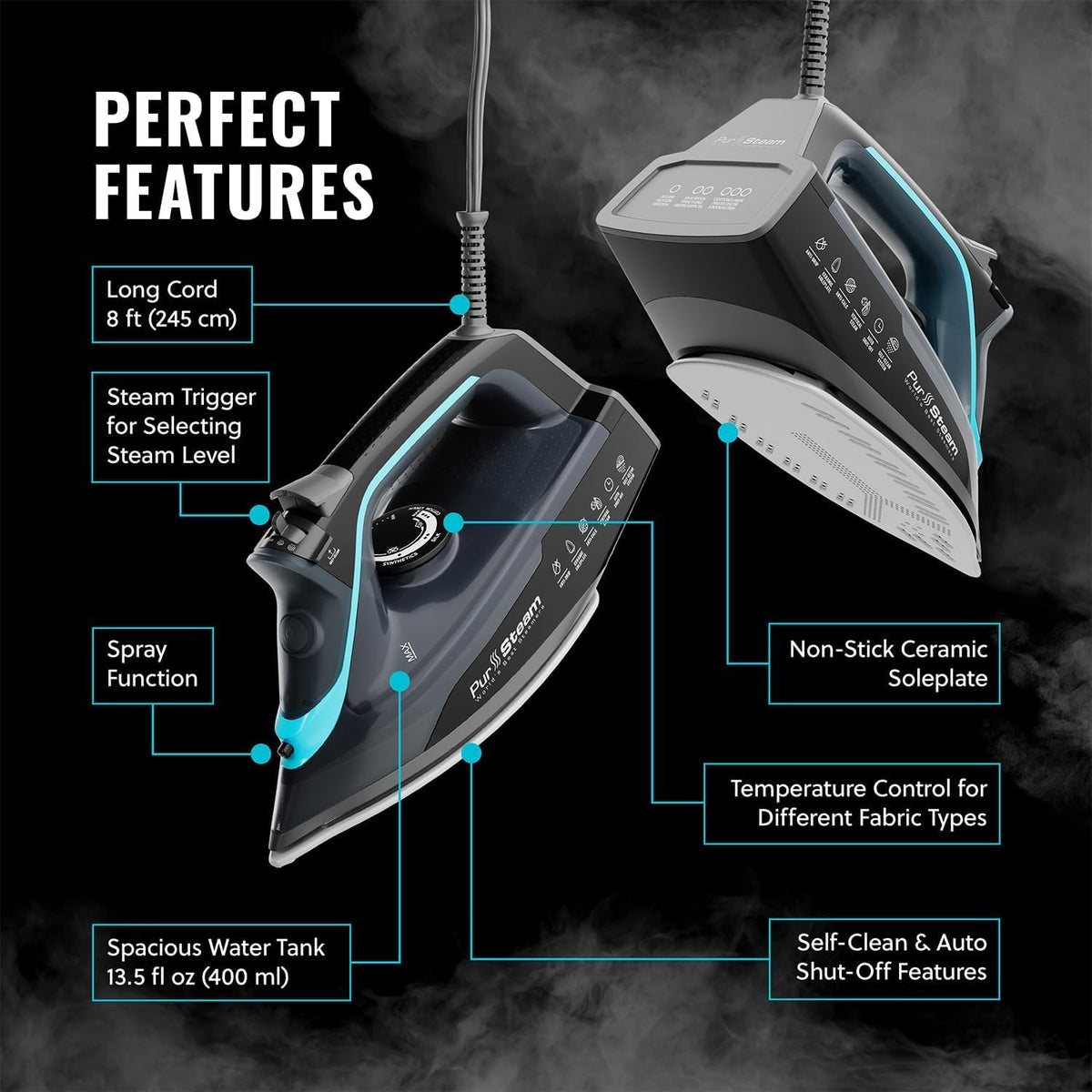 PurSteam SteamBurst+ Steam Iron, Ceramic Soleplate, Self-Clean, Anti Drip