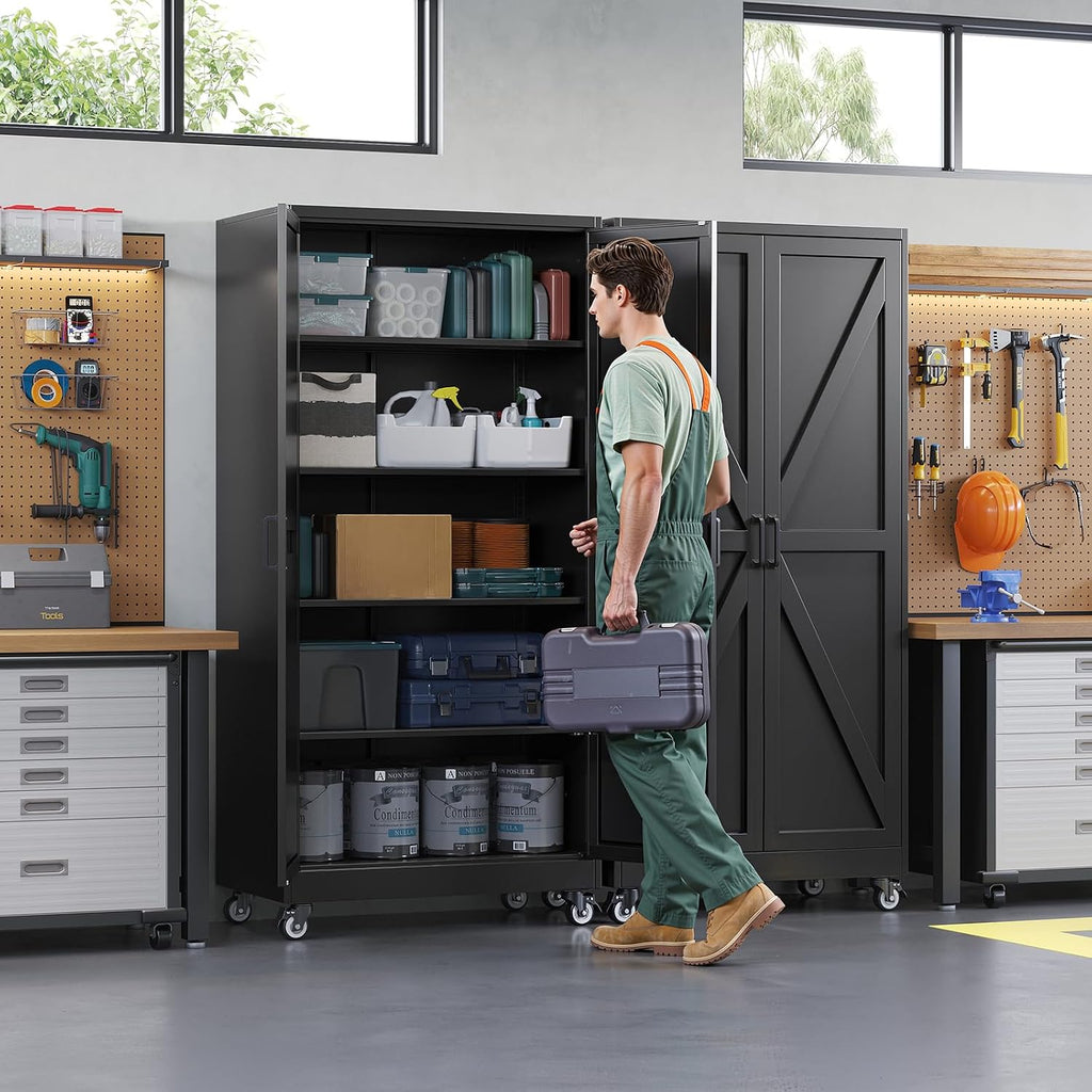 Metal Garage Storage Cabinet with Wheels,75" Black Tool Steel Locker