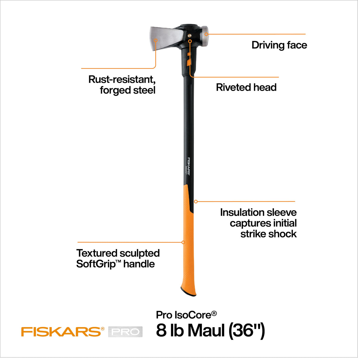 Fiskars Pro IsoCore 8 lb Splitting Maul, 36" Wood Splitter Axe