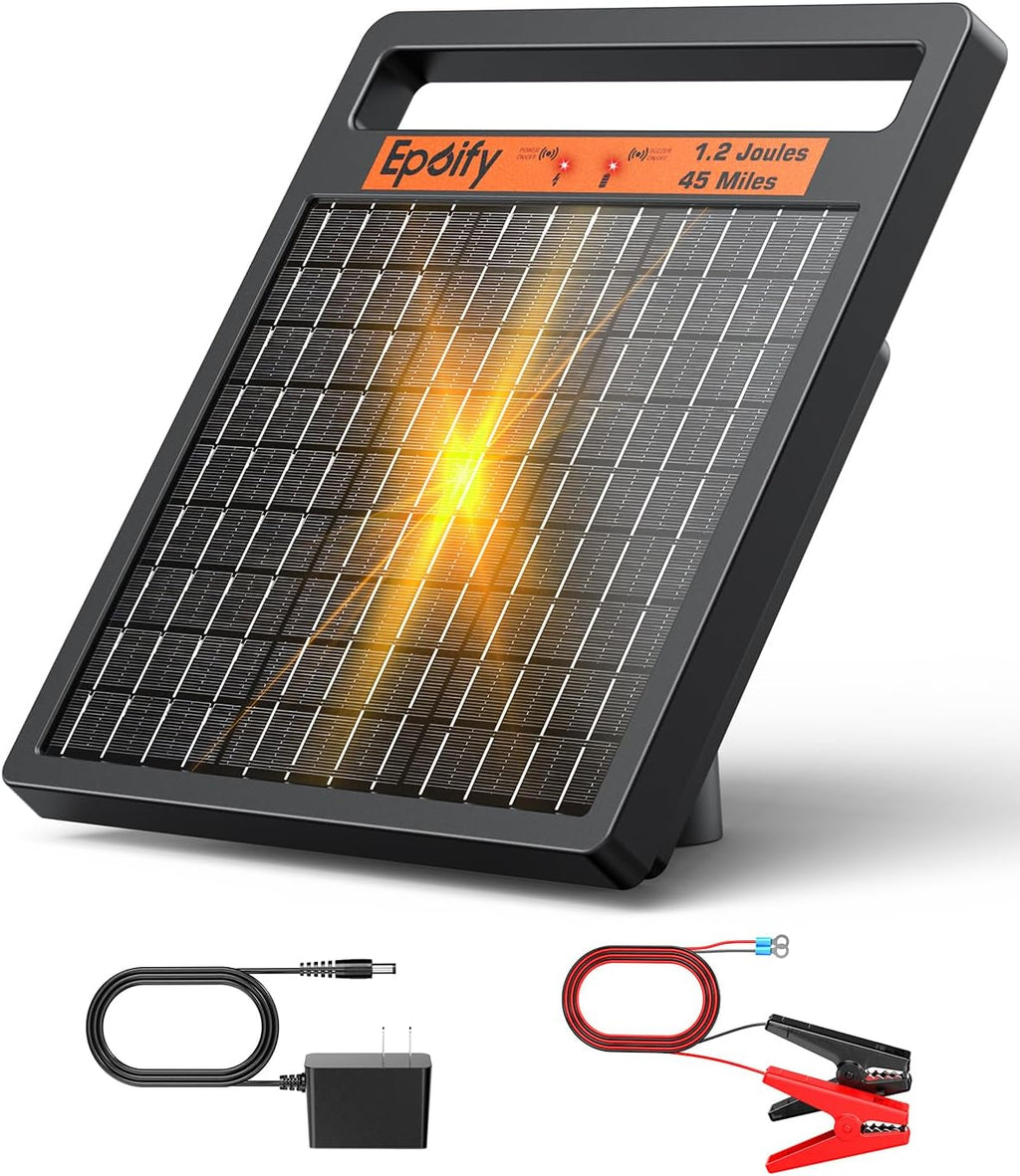 Solar Electric Fence Charger, 1.2J 45 Mile with Short Circuit Alarm