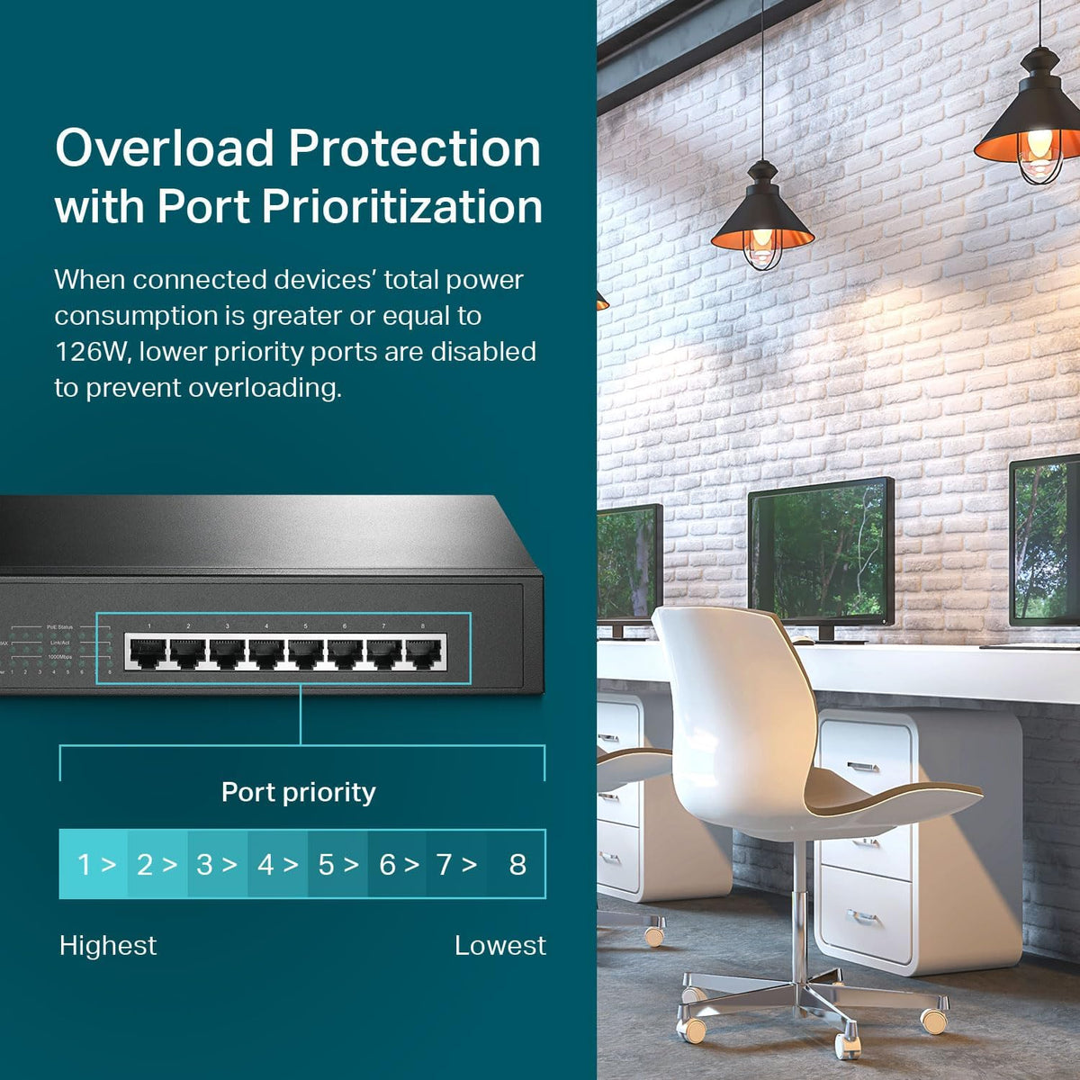 TP-Link 8 Port Gigabit PoE Switch | 8 PoE+ Ports @126W | Plug & Play | Limited Lifetime Protection | Desktop/ Rackmount | Prioritized Power Supply