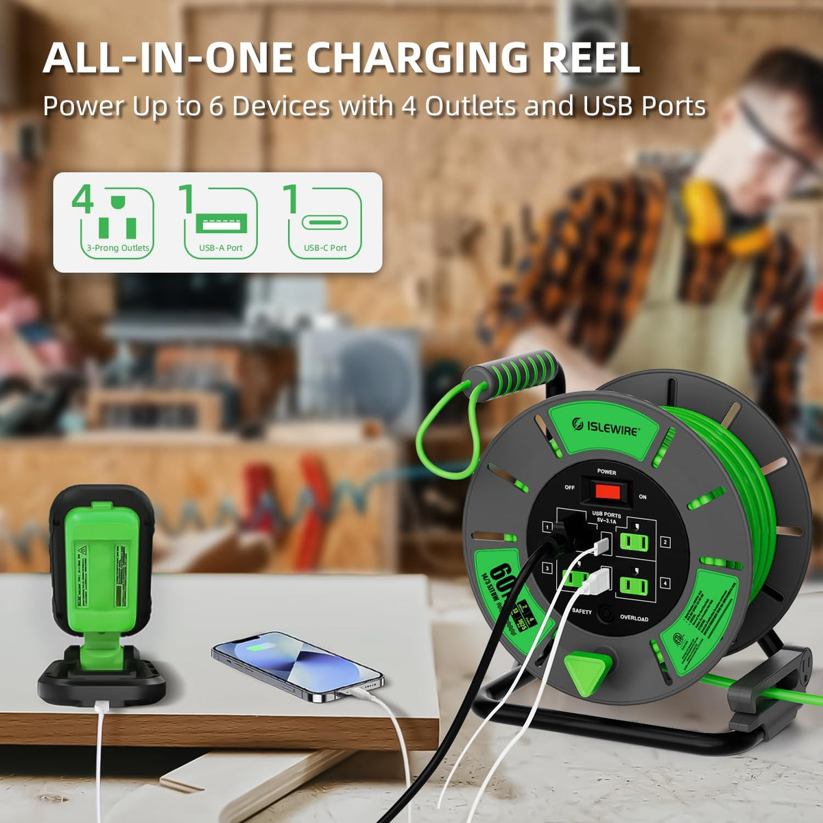 60 FT Retractable Extension Cord Reel, 14AWG SJTOW Heavy Duty Power Cord with 4 Grounded Outlets, USB-A & USB-C Ports, 13A Circuit Breaker, Hand