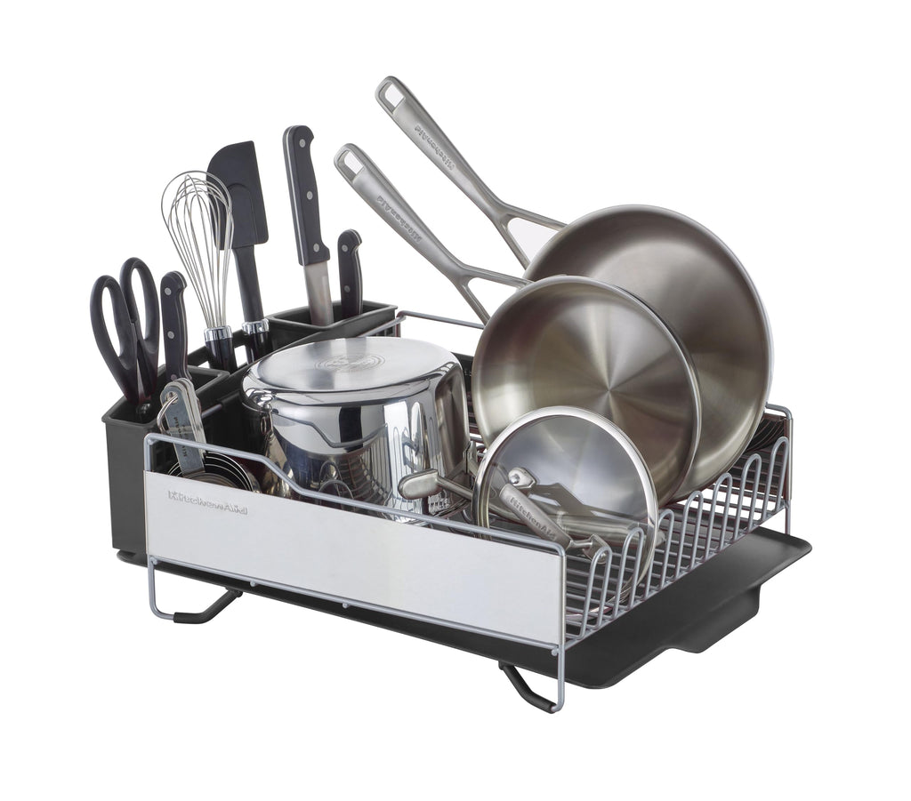 KitchenAid Large Capacity Full Size Rust Resistant Dish Rack with Angled Drain Board and Removable Flatware Caddy, Light Grey
