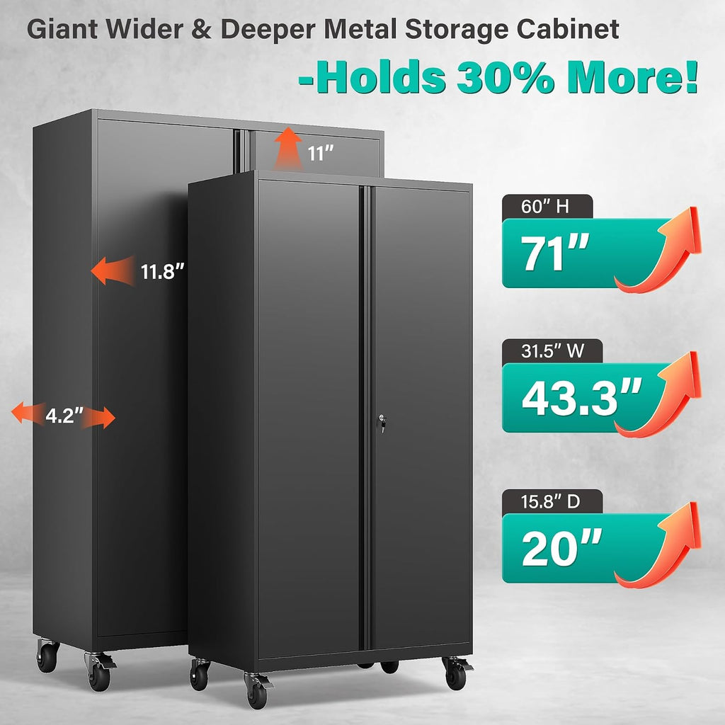 Wide & Deep Metal Storage Cabinet with Wheels,Tall Rolling Garage Storage Cabinet with Lock,Black Metal Cabinets with Shelves and Pegboards,Tool