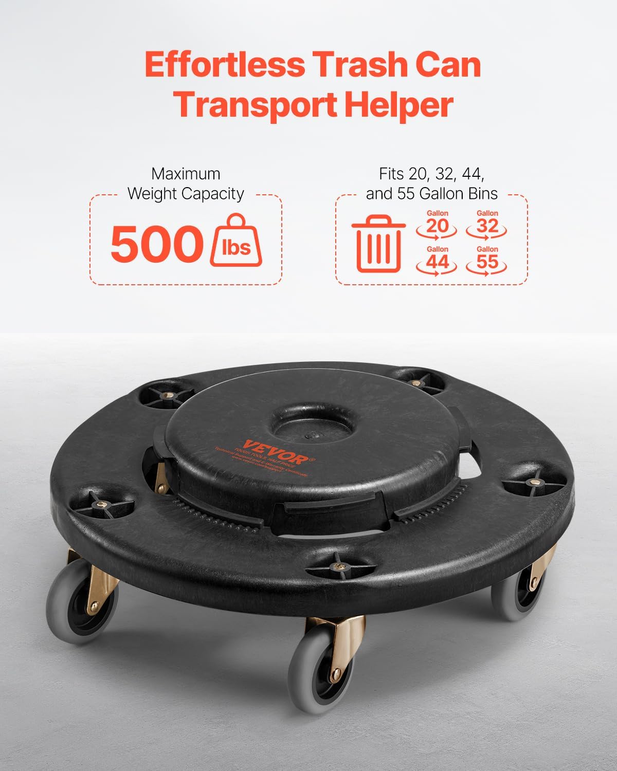 VEVOR Trash Can Dolly 500 lbs 2 Packs Round Trash Can Roller Base Balck