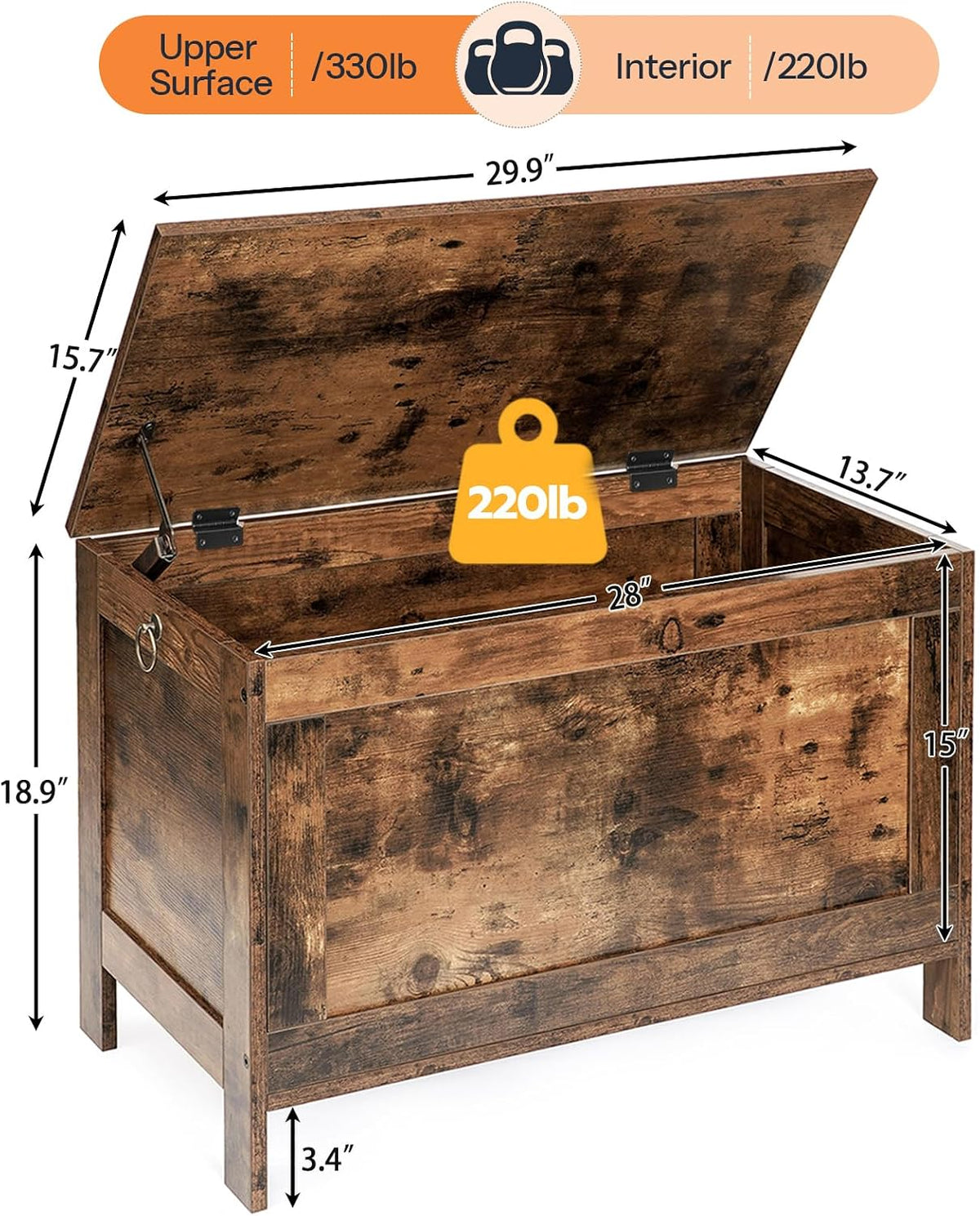 HOOBRO Toy Box, Retro Wooden Look Storage Chest with Safety Hinge, Entryway Storage Bench Supports 330 lb, 29.9 x 15.7 x 18.9 Inches Toy Chest