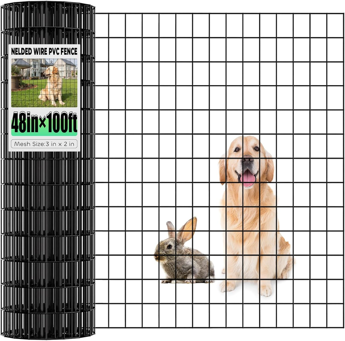 Garden Fence Black PVC Coated Welded Wire Fencing 48 Inch x 100 Foot, 2 Inch x 3 Inch 16GA, Garden Border Fencing Roll Vinyl Coating Metal Wire Mesh