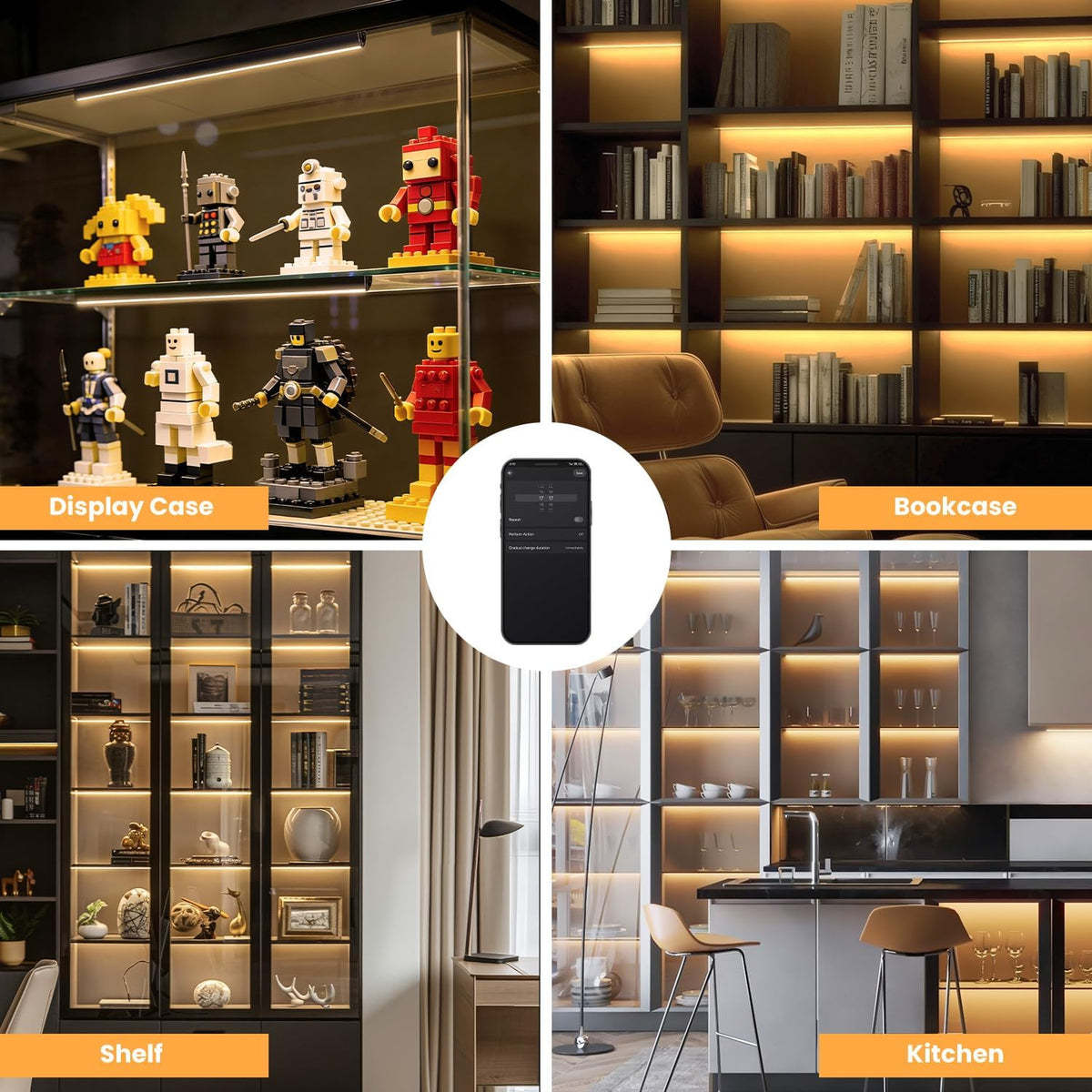 Black Shelf Lights, LED Bookcase Lighting Compatible with Alexa, WiFi Dimmable 2700K Under Shelf Lighting for Bookshelf, Display Case, Cabinets with