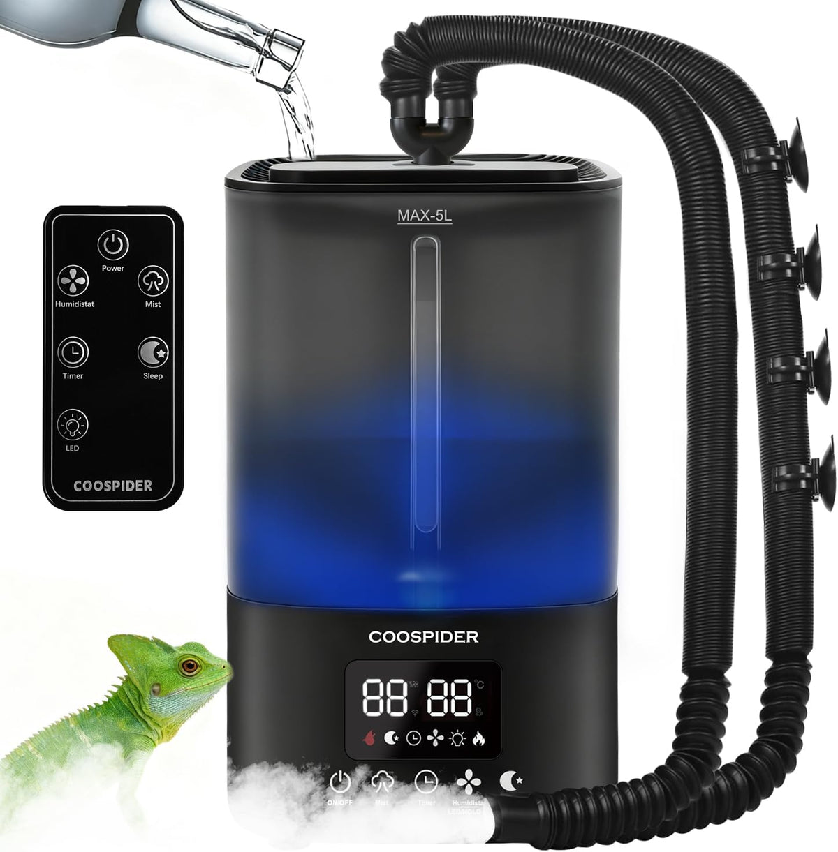Coospider Reptile Fogger Humidifier, Automatic Humidifiers for Reptiles Tank, Terrarium Humidifiers with Dual Hose Timer Humidity Control, Reptile
