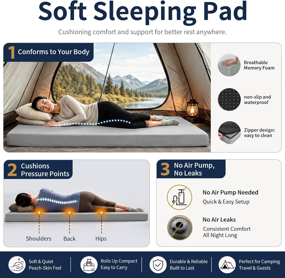 Memory Foam Camping Mattress Pad,Sleeping Pad for Camping