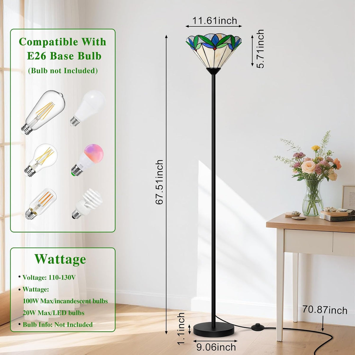 Stained Glass Floor Lamp with Tree Leaf Pattern, Vintage Style Torchiere Floor Lamp, Tall Corner Pole Lamp with Foot Switch, Antique Decorative