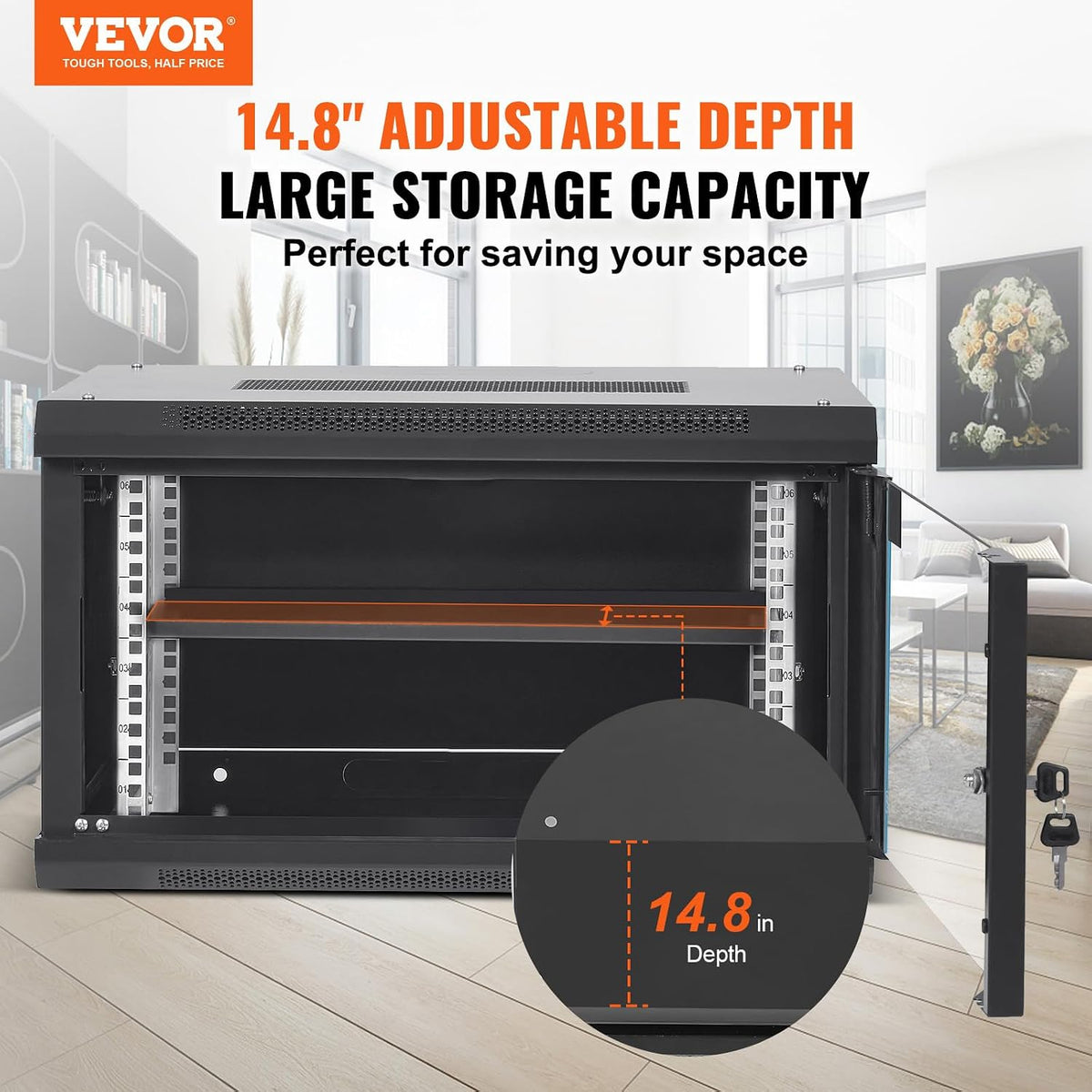 VEVOR 6U Wall Mount Network Server Cabinet, 14.8'' Deep, Server Rack Cabinet Enclosure, 200 lbs Max. Ground-Mounted Load Capacity, with Locking Glass