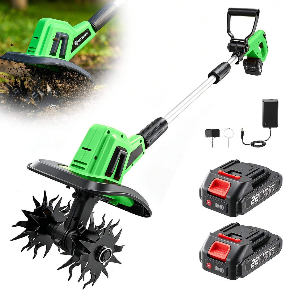 22V Cordless Garden Tiller, Battery Operated Cultivator Rototiller