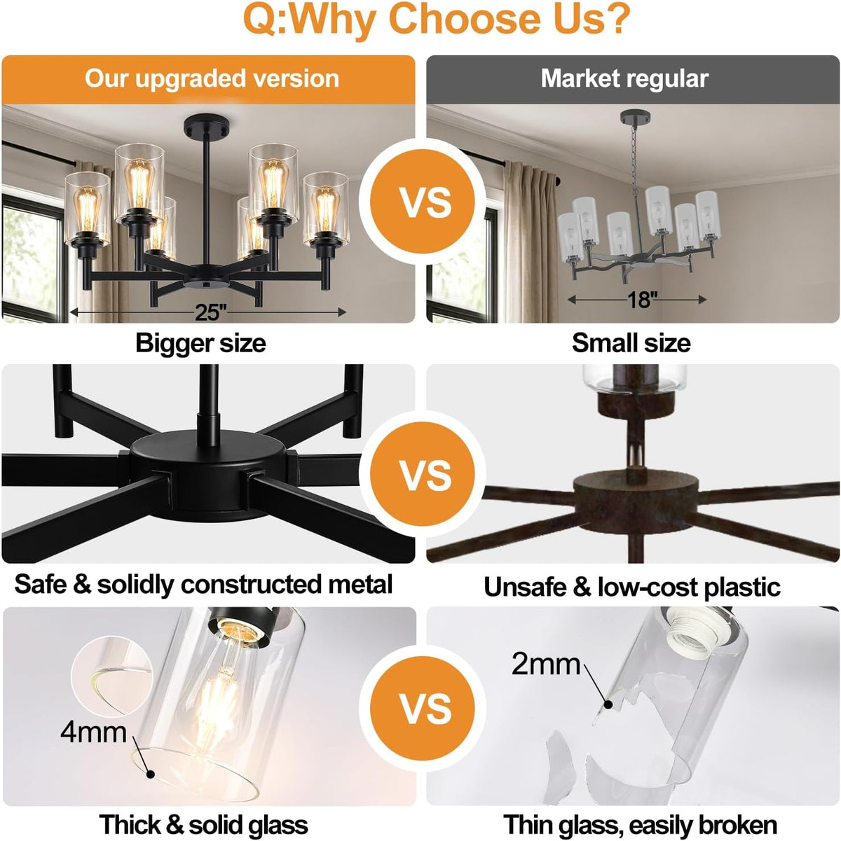 Black Chandelier, 6-Light Dining Room Light Fixtures Over Table