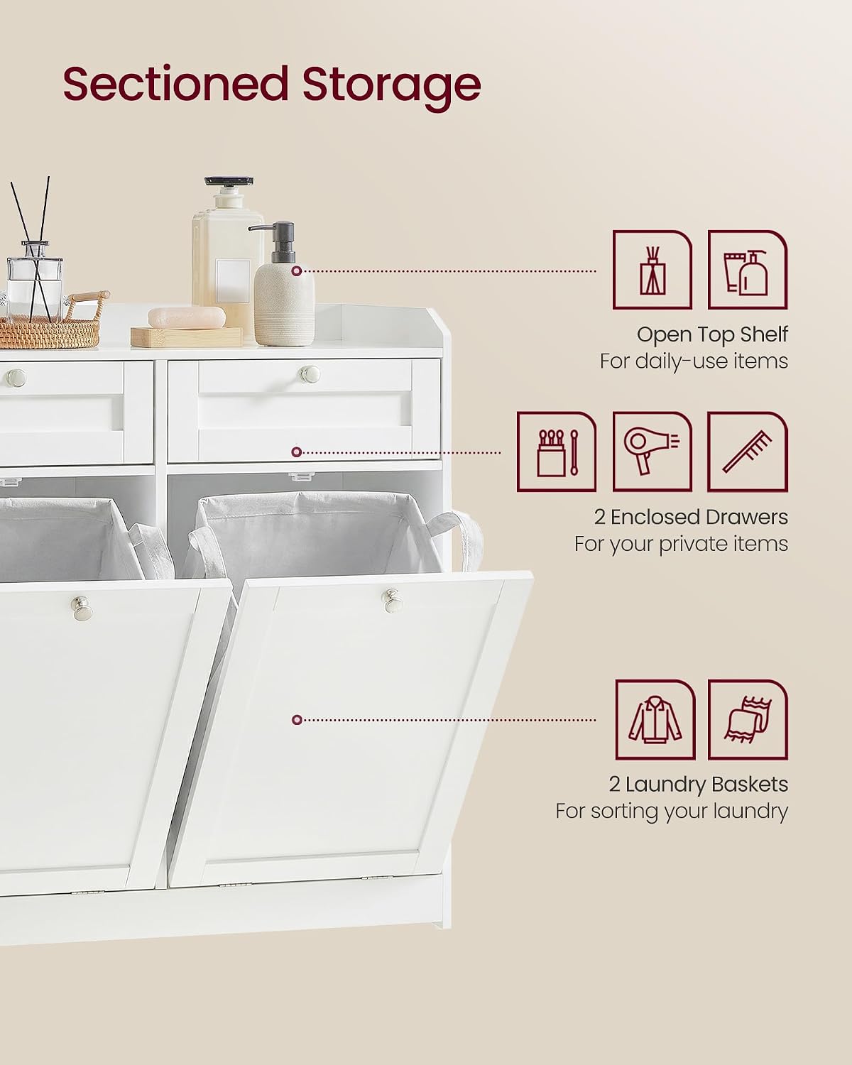 VASAGLE Laundry Cabinet with Tilt-Out Basket, 2 Drawers, 2 Baskets