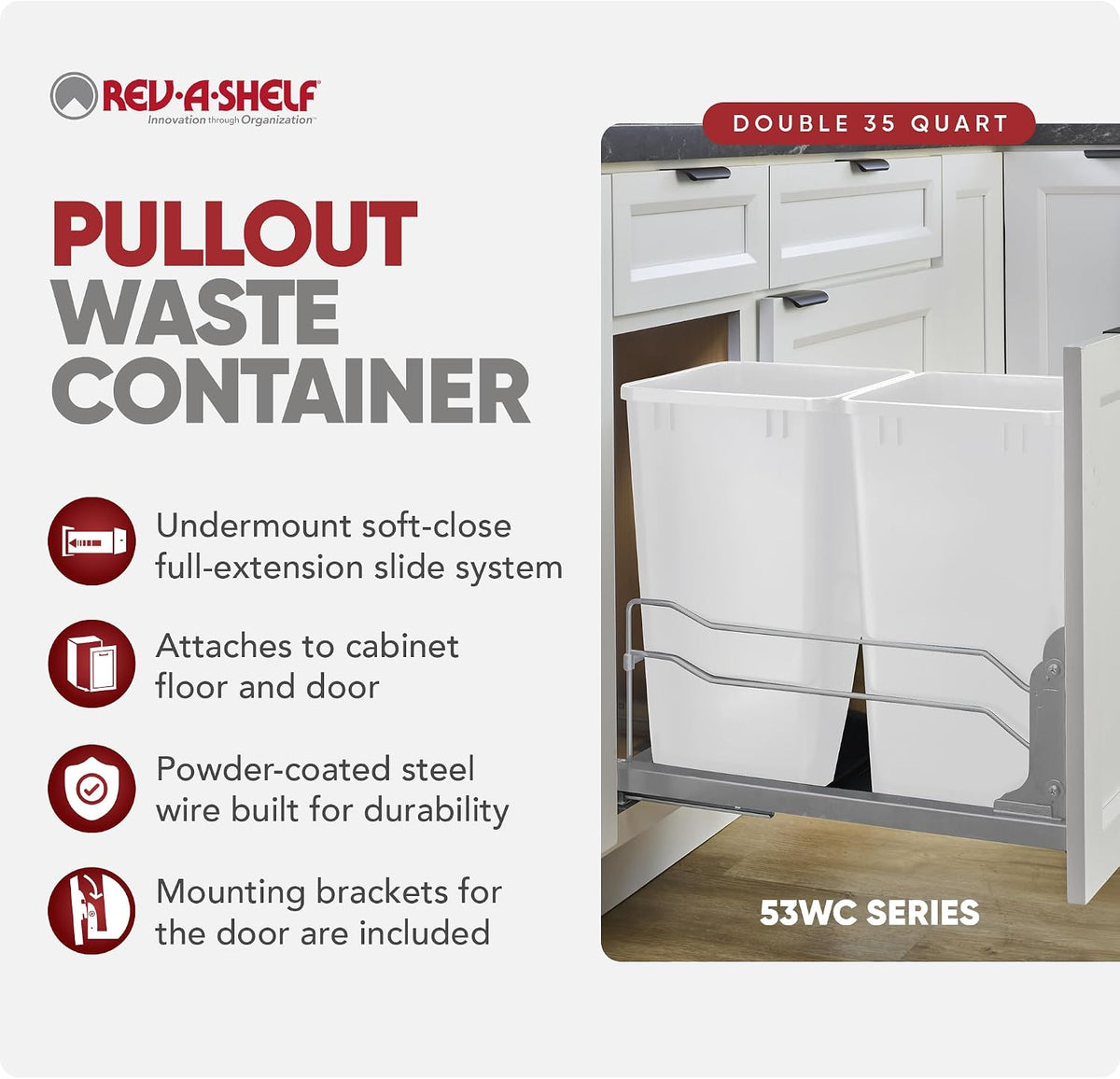 Rev-A-Shelf Double Pullout Trash Can w/Soft-Close Slides, 14.5" Min Opening