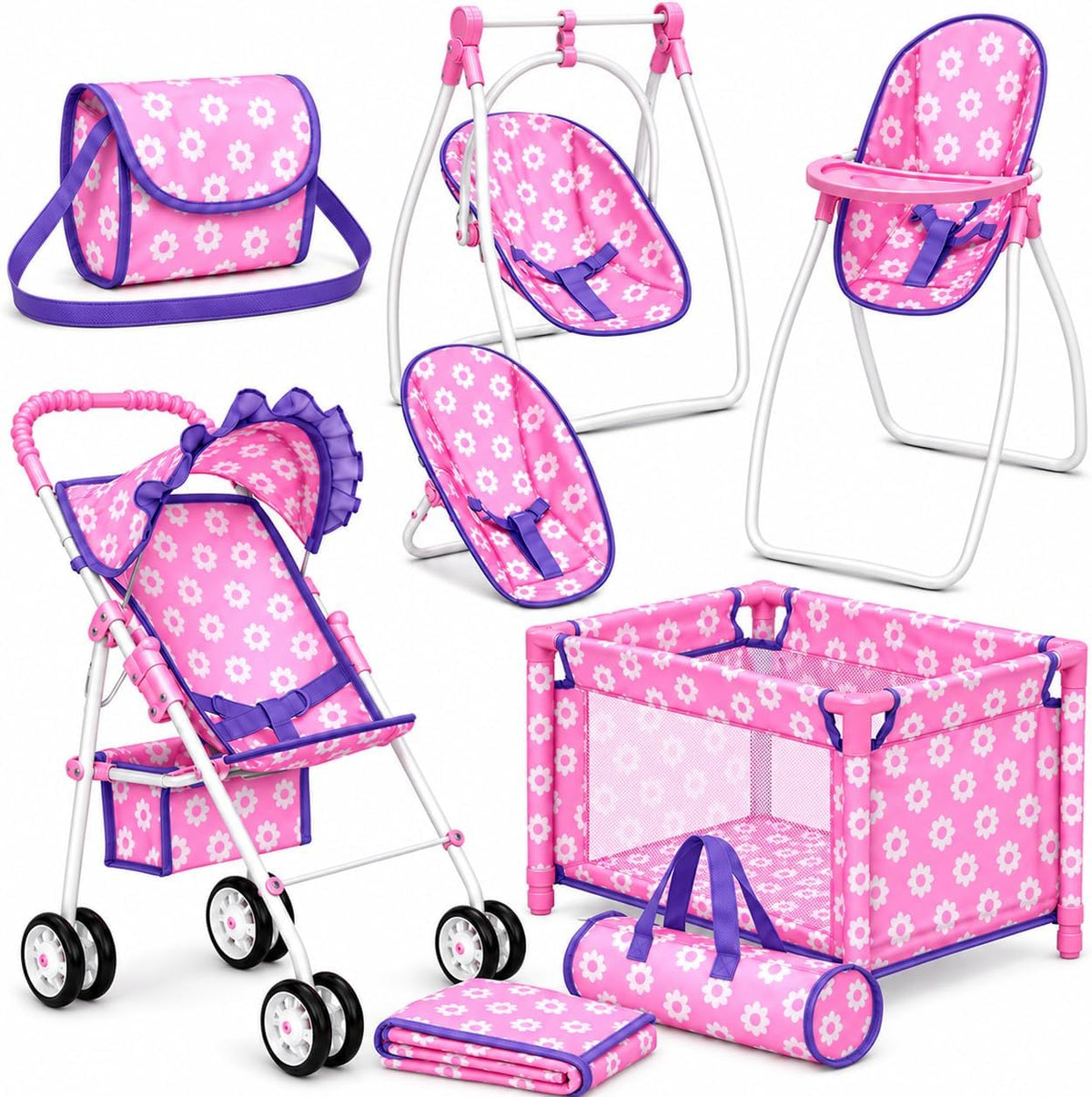 fash n kolor Baby Doll Stroller & Nursery Playset for 18 Inch Dolls – Convertible High Chair, Swing & Bed Doll Furniture Set with Diaper Bag