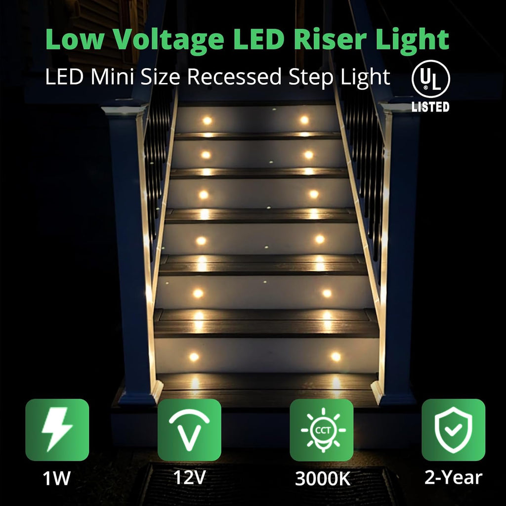 12 Pack Recessed Low Voltage LED Step Riser Light, Diameter 1" Mini Size Landscape Lighting for Outdoor Deck Stair Railing Post, 12V 3000K, Die-cast