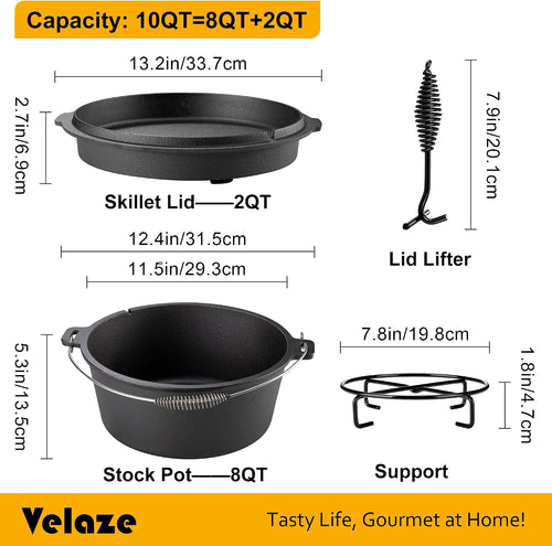 10 QT Pre-Seasoned Cast Iron Camping Dutch Oven Pot with Lid