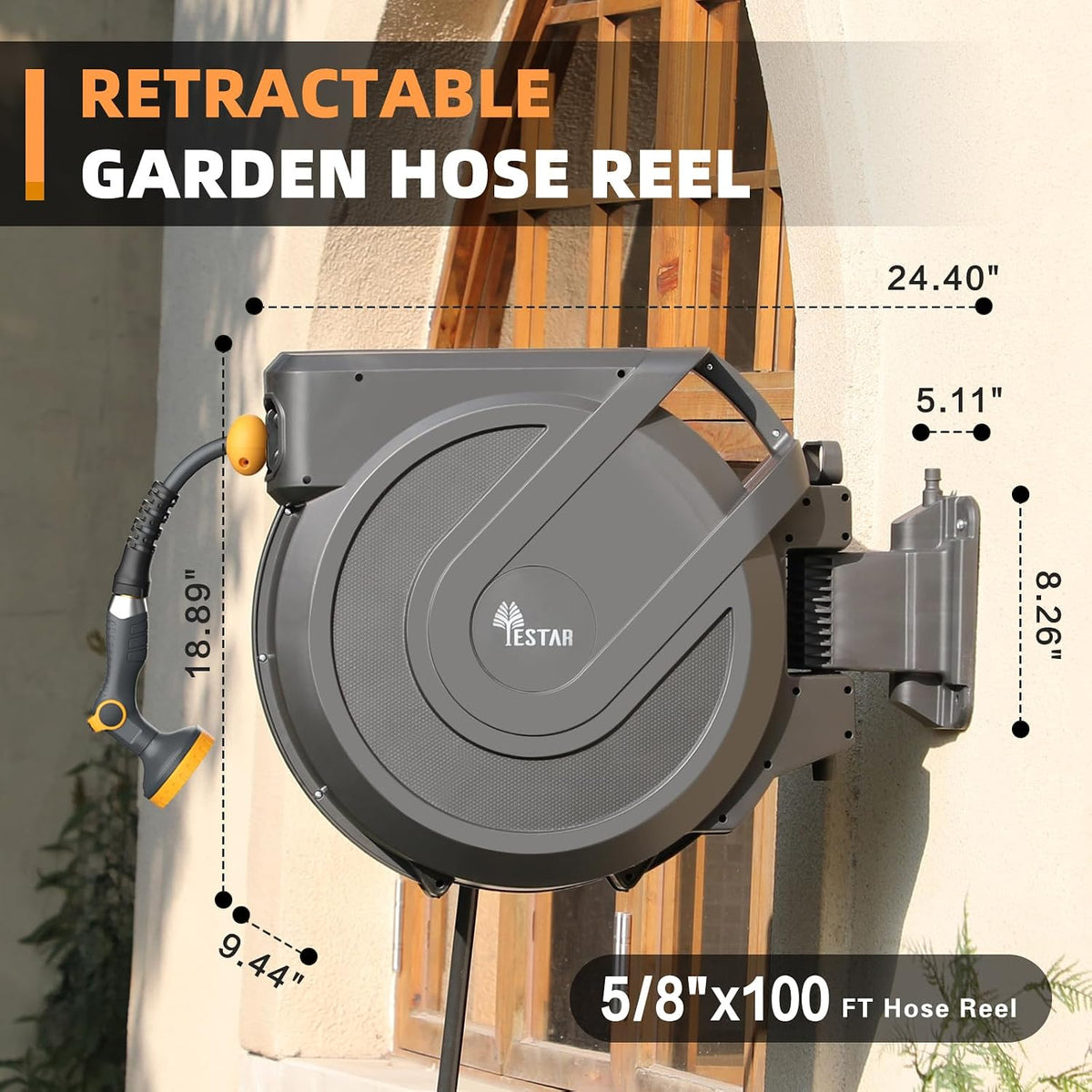Retractable Garden Hose Reel 5/8 in x100 ft， Wall Mounted Hose Reel